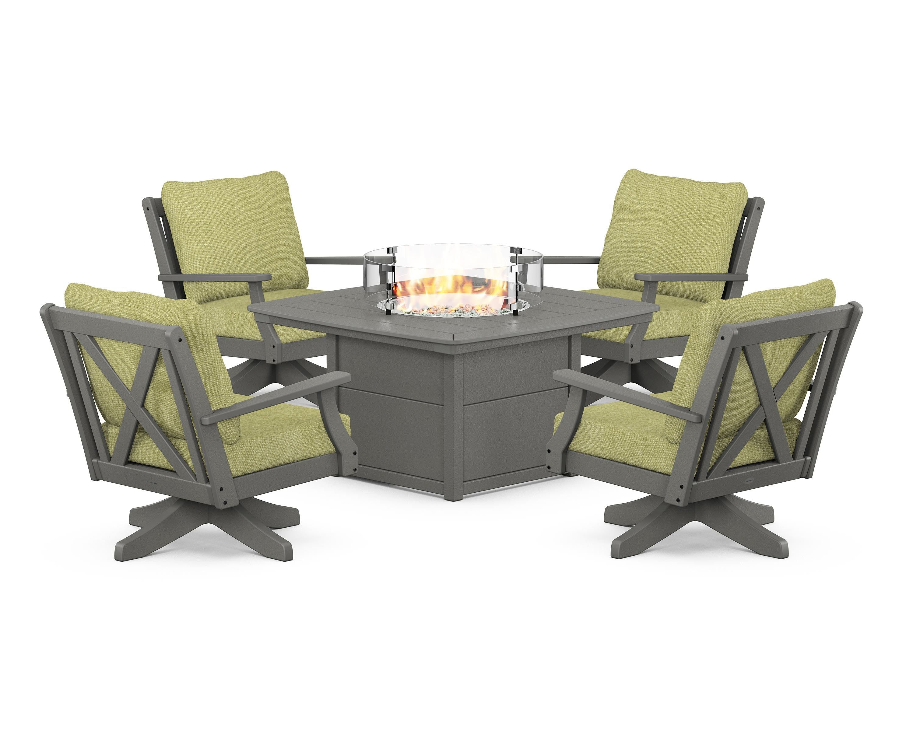 POLYWOOD® Braxton 5-Piece Deep Seating Swivel Conversation Set with Fire Pit Table in Slate Grey / Chartreuse Boucle