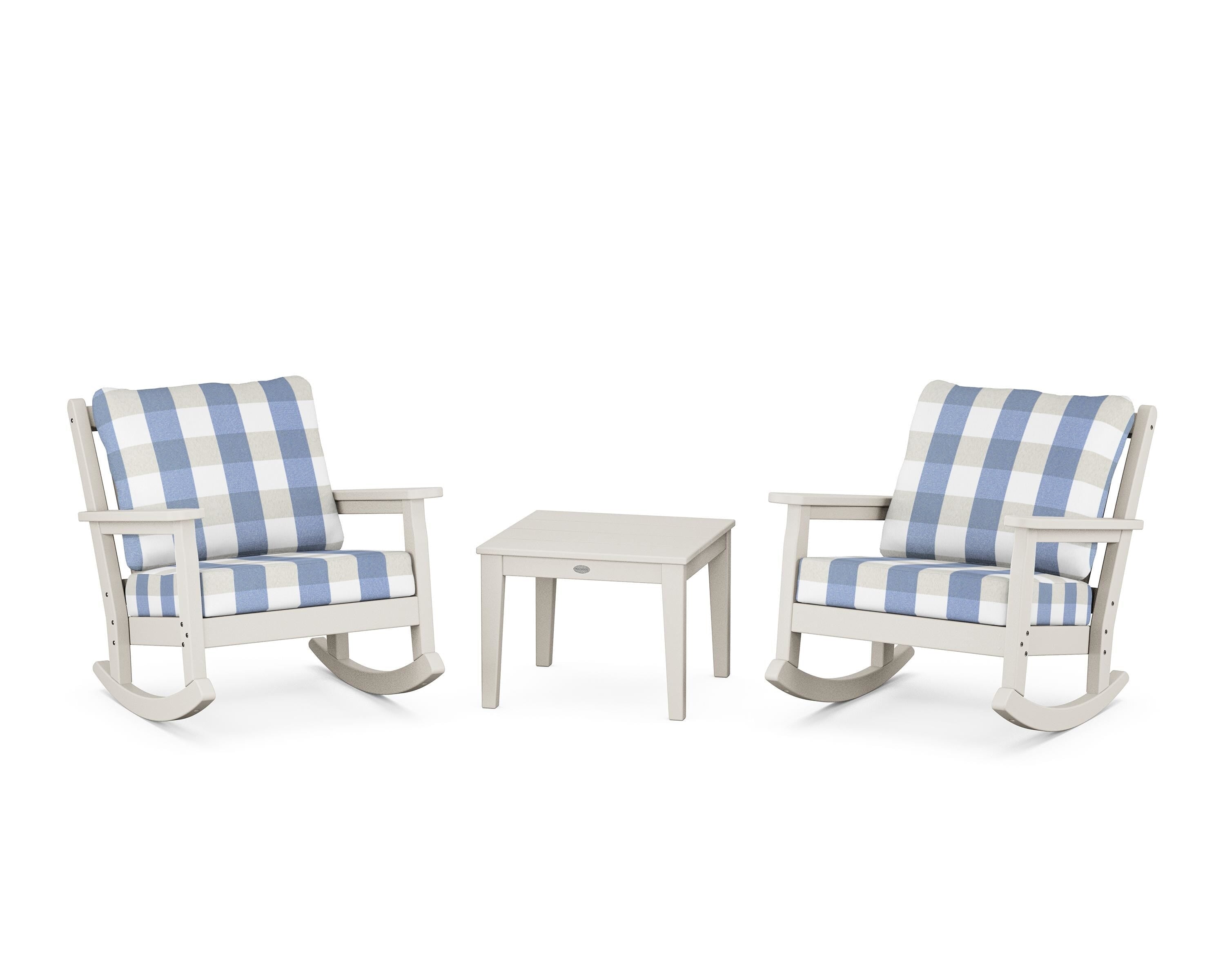 POLYWOOD® Chippendale 3-Piece Deep Seating Rocker Set in Sand / Buffalo Plaid Sky Blue