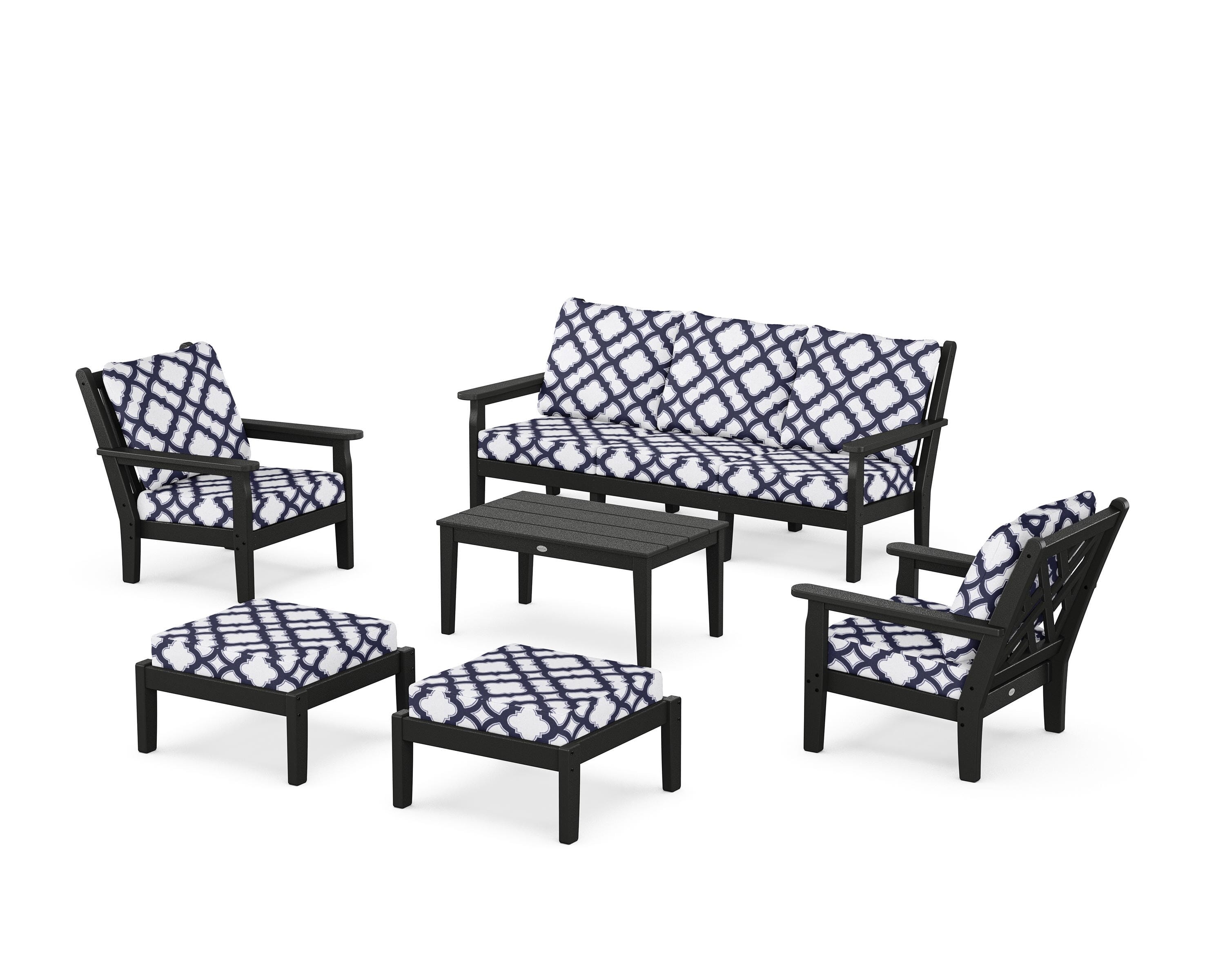 POLYWOOD® Chippendale 6-Piece Lounge Sofa Set in Black / Trellis Navy