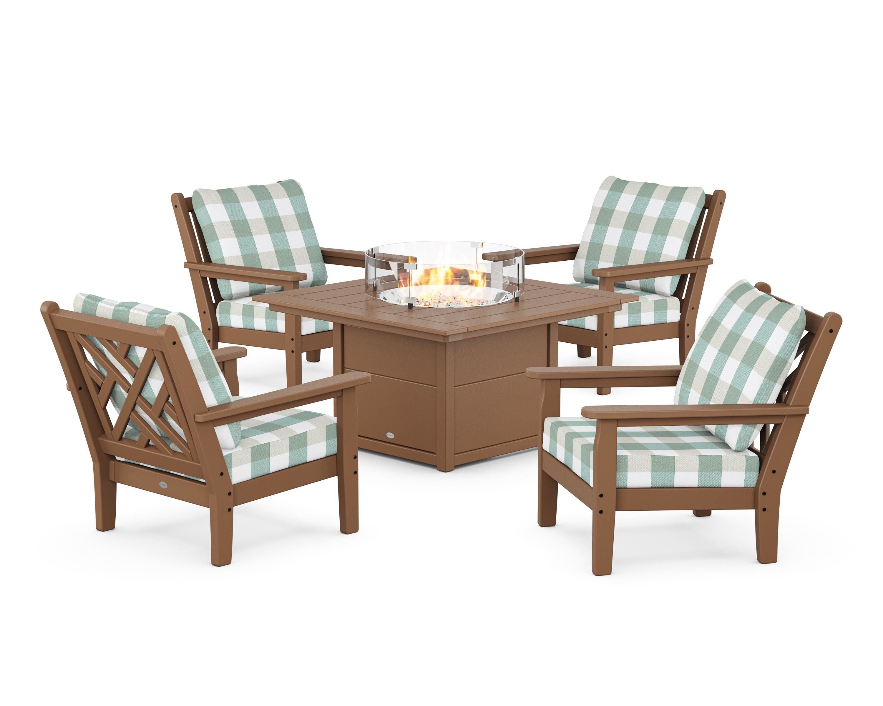 POLYWOOD® Chippendale 5-Piece Deep Seating Set with Fire Pit Table in Teak / Buffalo Plaid Glacier Spa