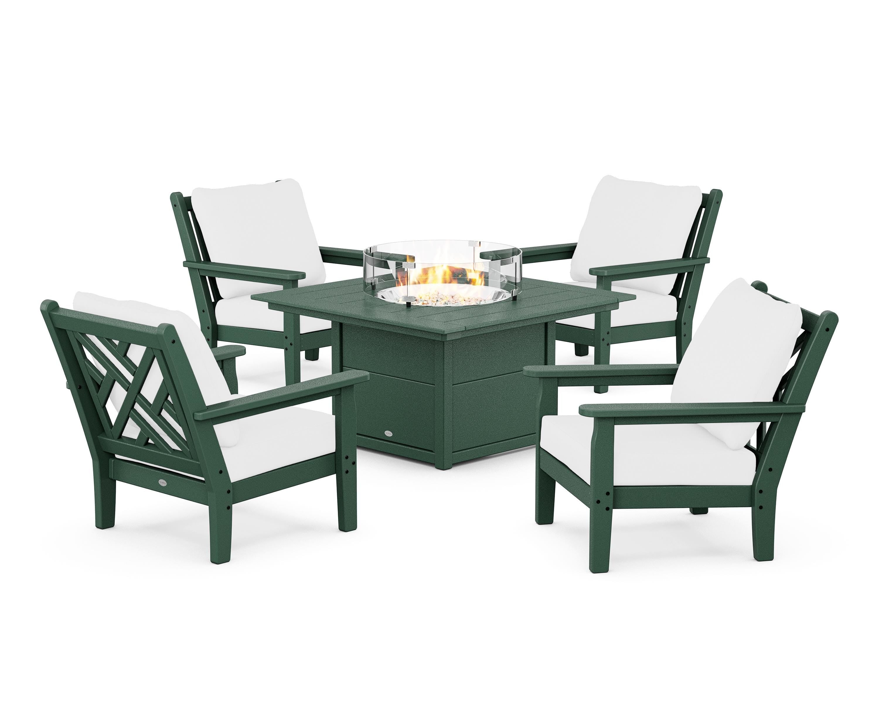 POLYWOOD® Chippendale 5-Piece Deep Seating Set with Fire Pit Table in Green / Natural