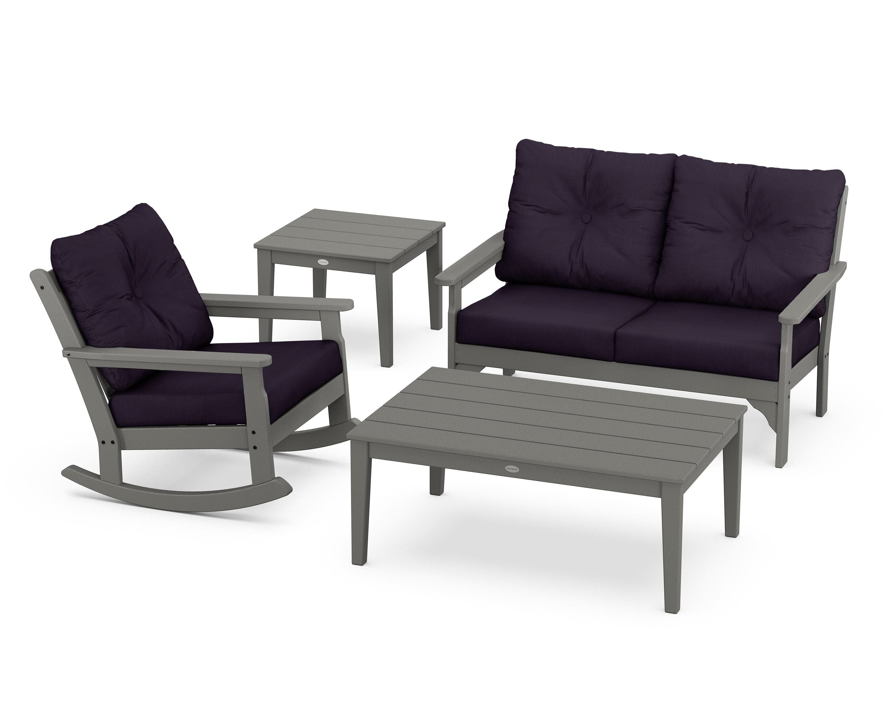 POLYWOOD® Vineyard 4-Piece Deep Seating Rocker Set in Slate Grey / Navy Linen