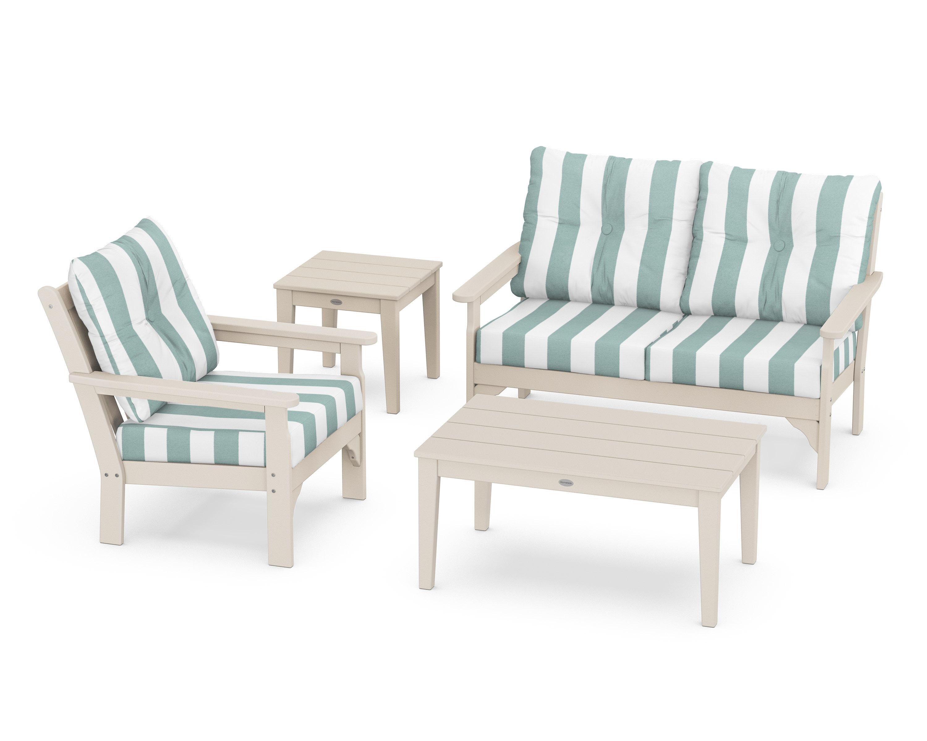 POLYWOOD® Vineyard 4-Piece Deep Seating Set in Sand / Cabana Stripe Glacier Spa