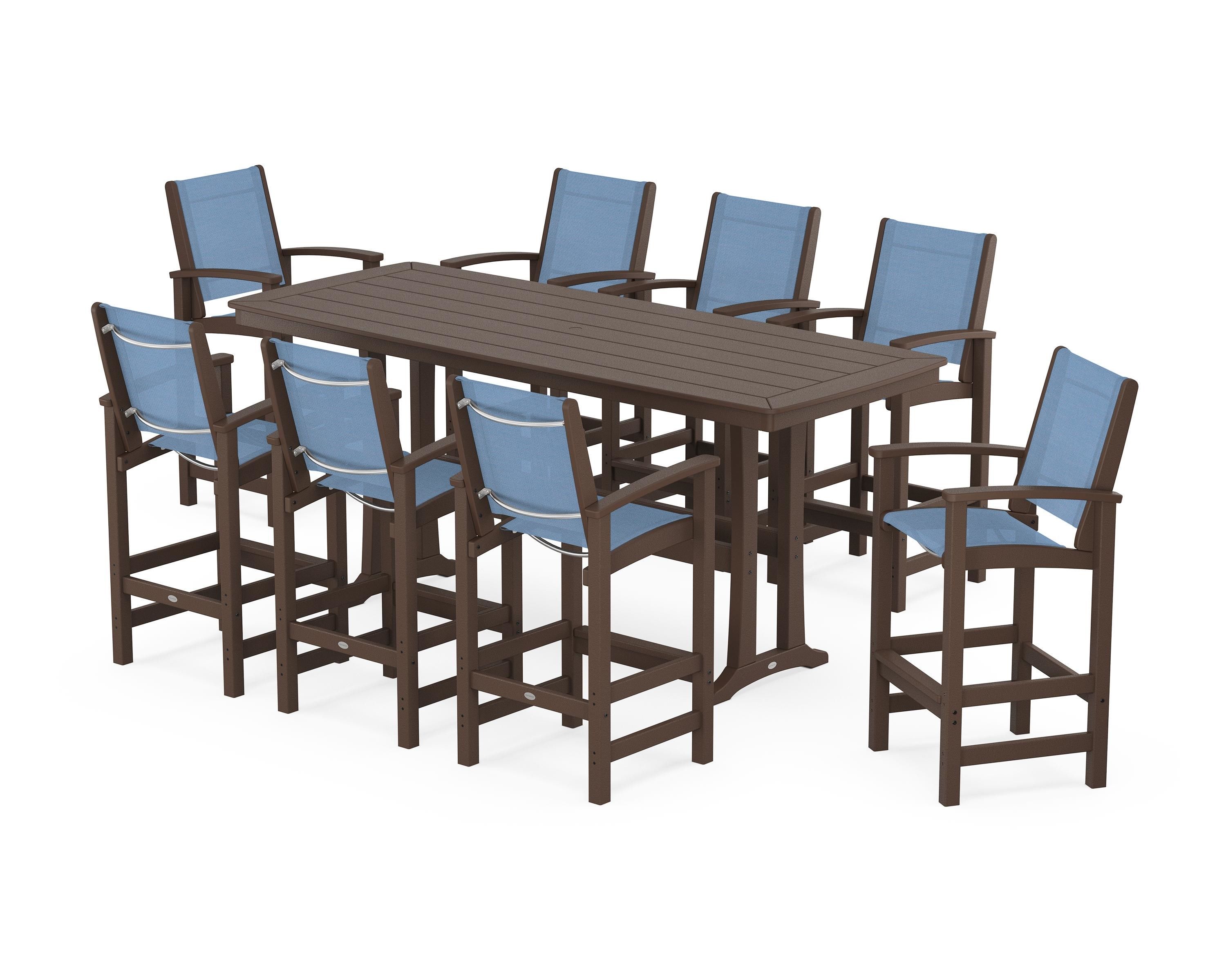 POLYWOOD® Coastal 9-Piece Bar Set with Trestle Legs in Mahogany / Poolside Sling