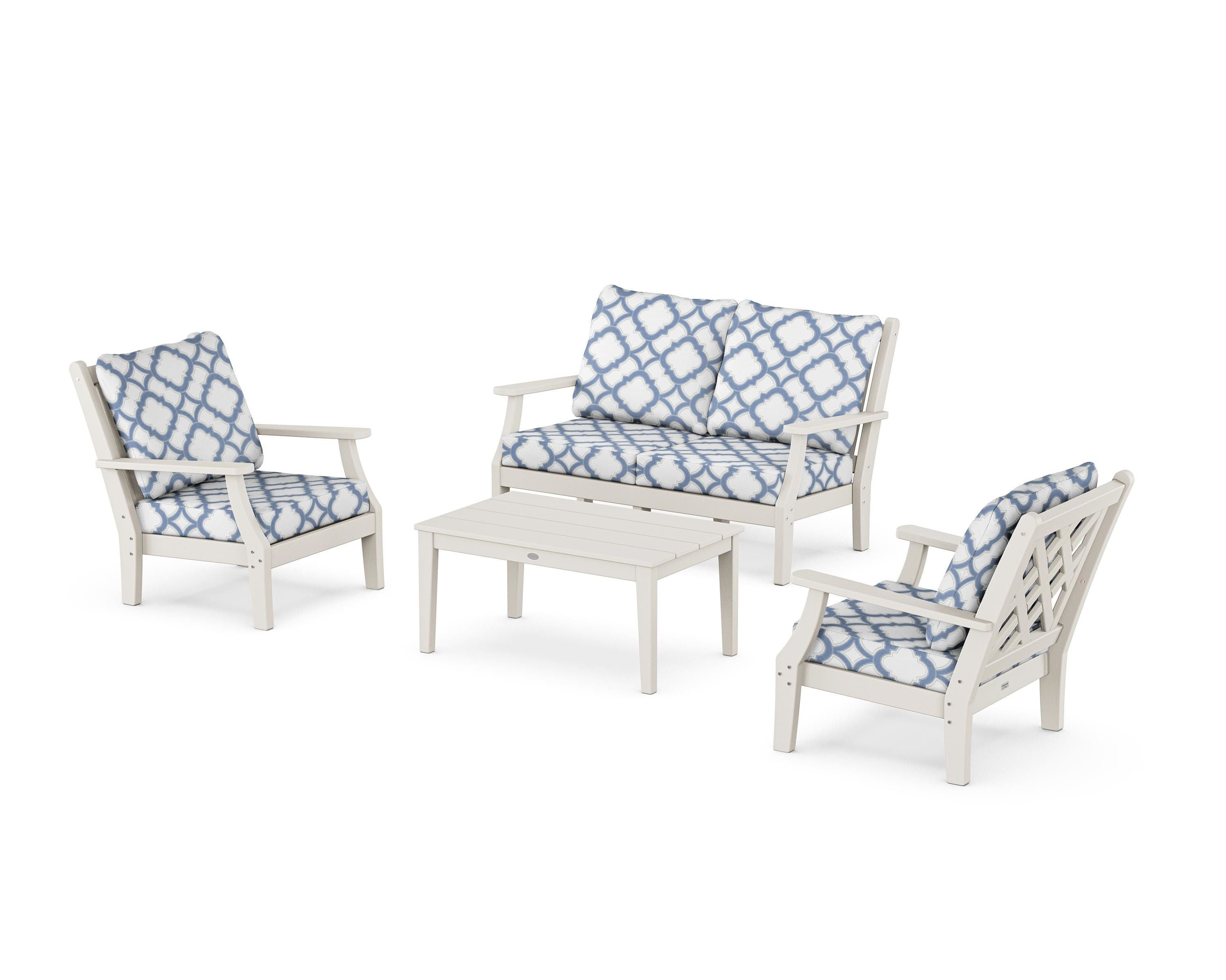 Country Living Wovendale 4-Piece Deep Seating Set with Loveseat in Sand / Trellis Sky Blue
