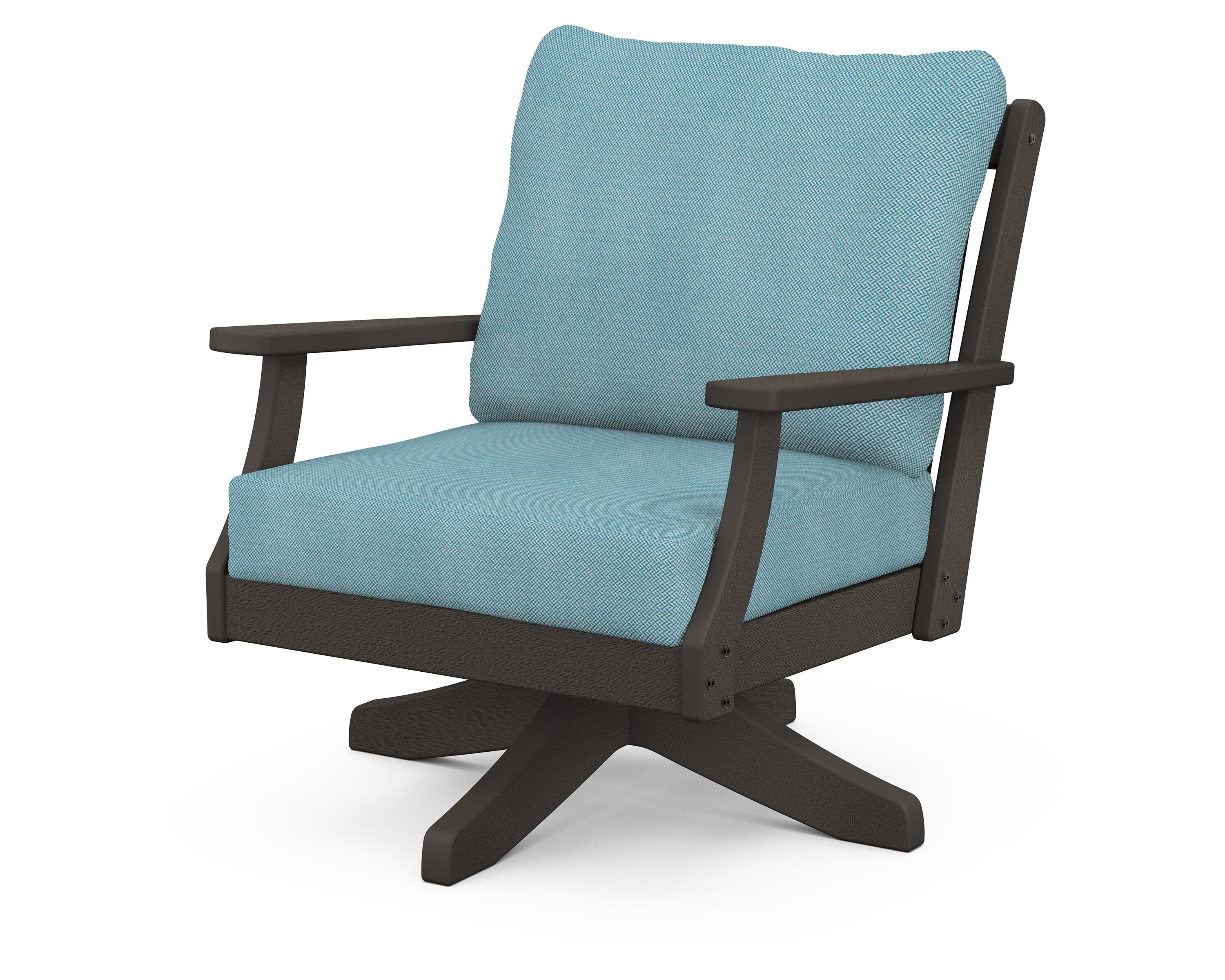 POLYWOOD® Braxton Deep Seating Swivel Chair in Vintage Coffee / Lattice Sky Blue