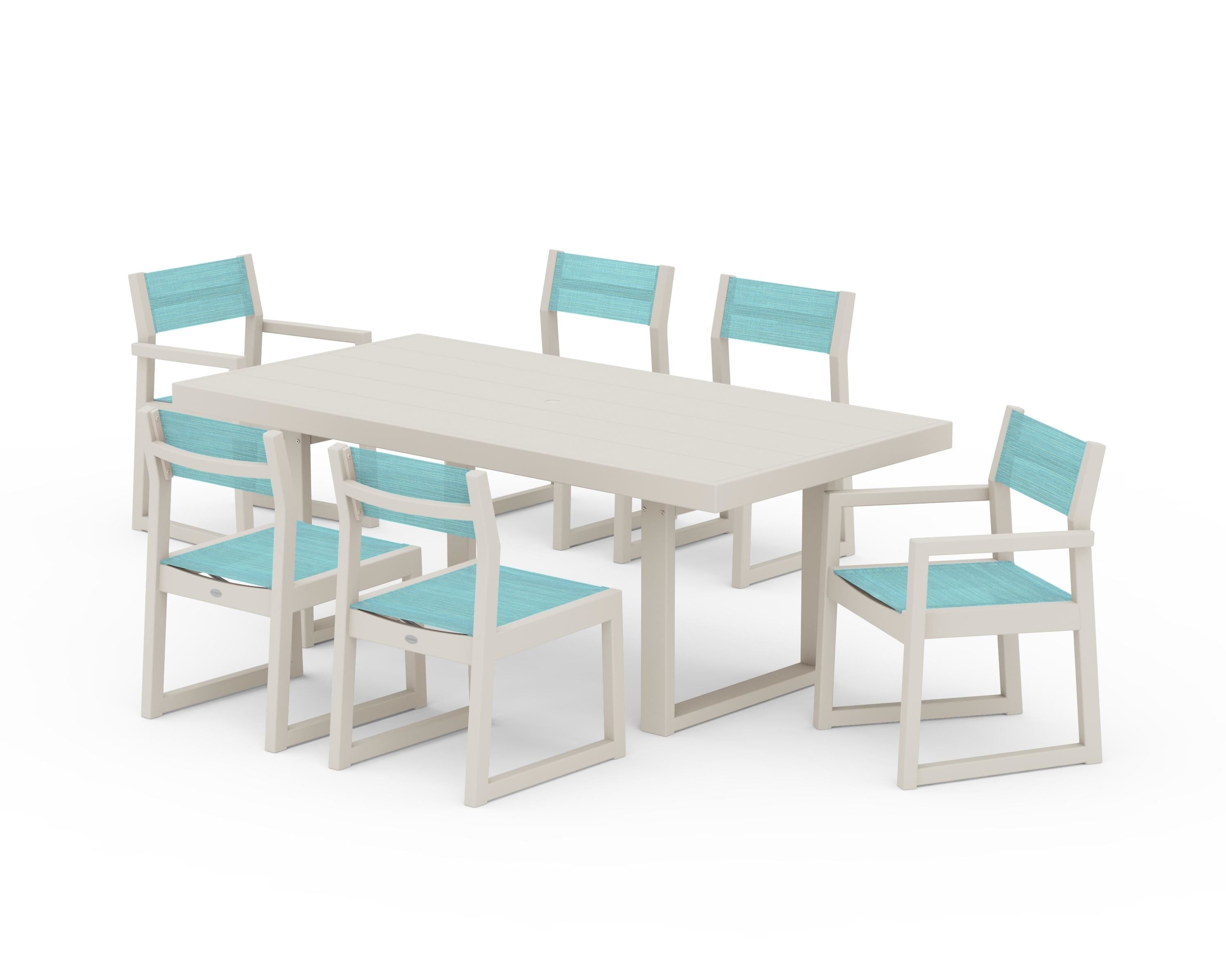 POLYWOOD® EDGE Sling 7-Piece Dining Set in Sand / Dupioni Aquamarine Sling
