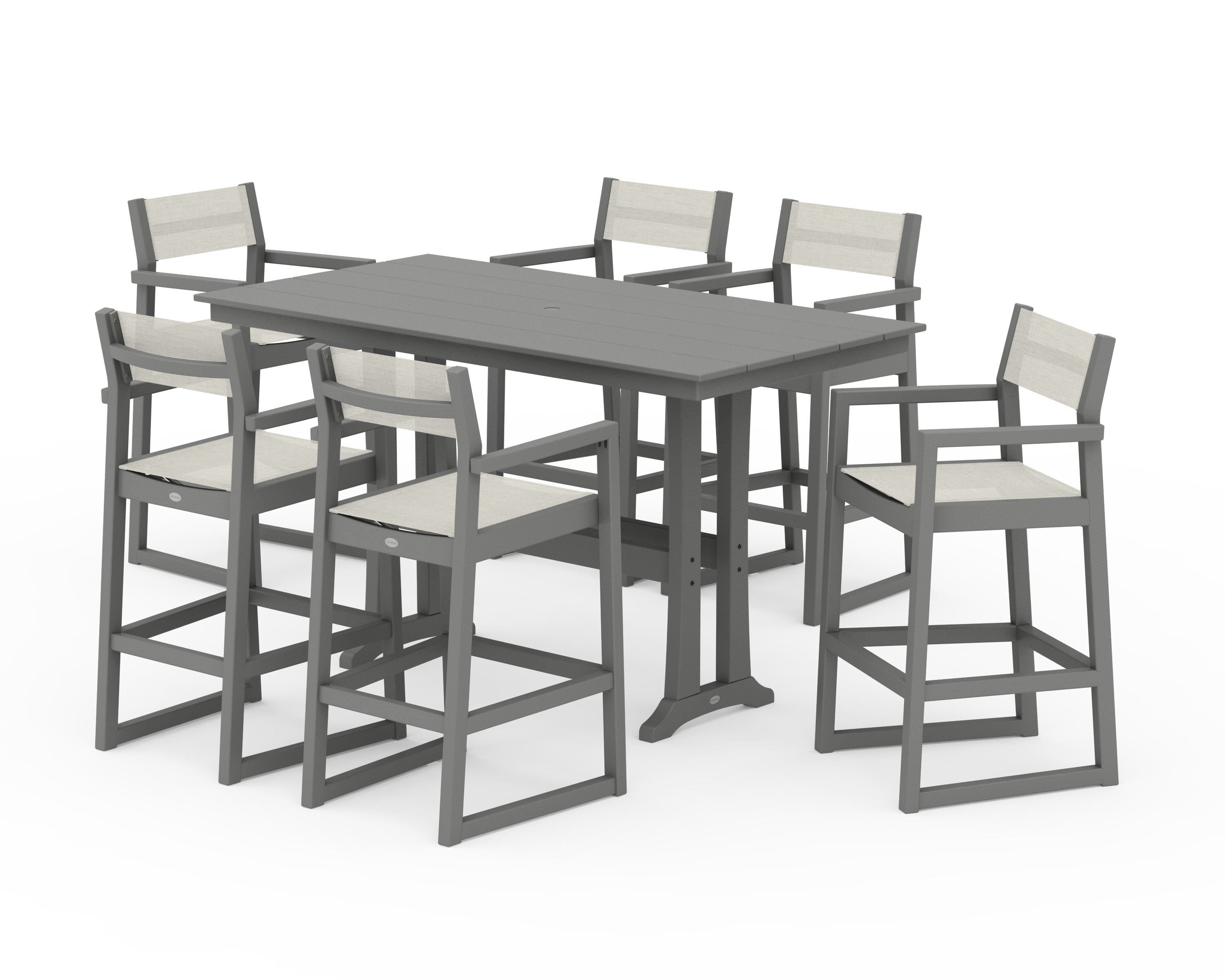 POLYWOOD® EDGE Sling Arm Chair 7-Piece Farmhouse Bar Set with Trestle Legs in Slate Grey / Parchment Sling