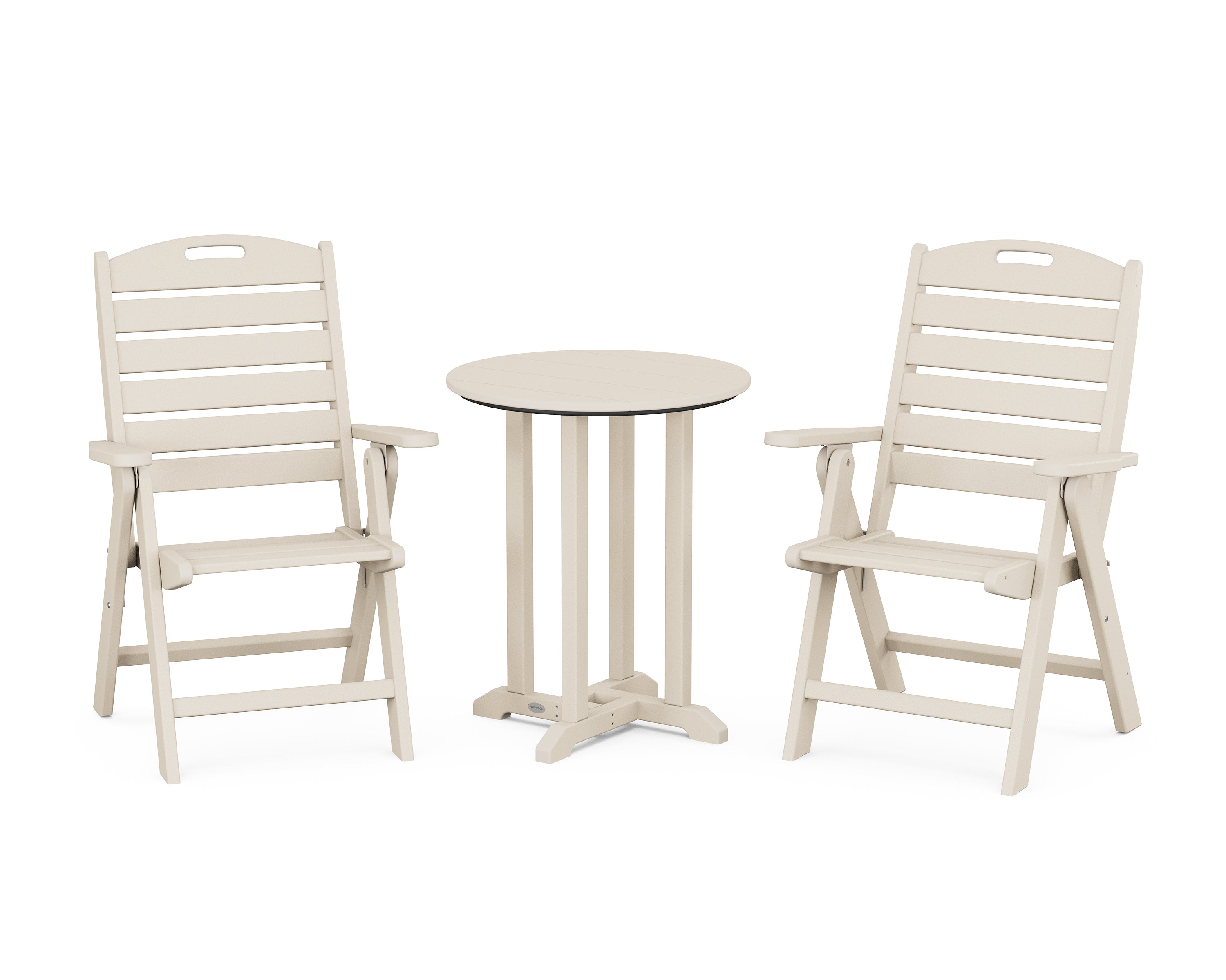 POLYWOOD® Nautical Folding Highback Chair 3-Piece Round Bistro Dining Set in Sand