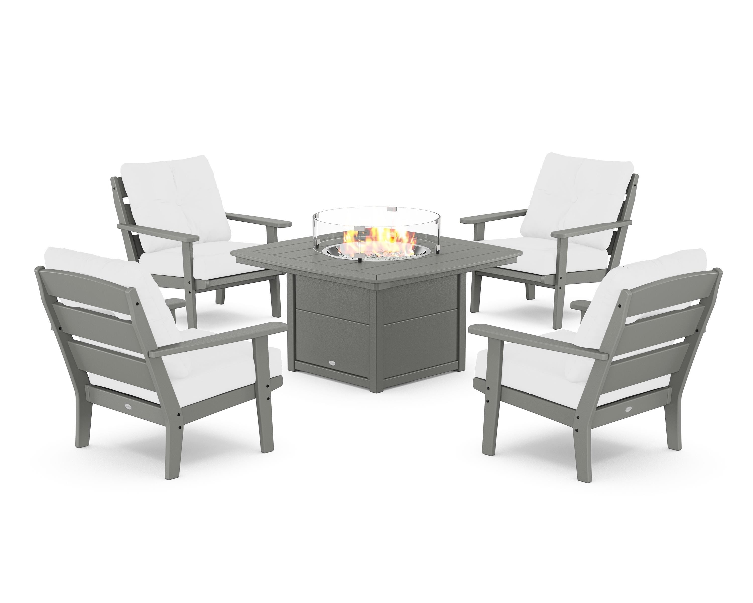 POLYWOOD® Lakeside 5-Piece Deep Seating Set with Nautical Fire Pit Table in Slate Grey / Natural