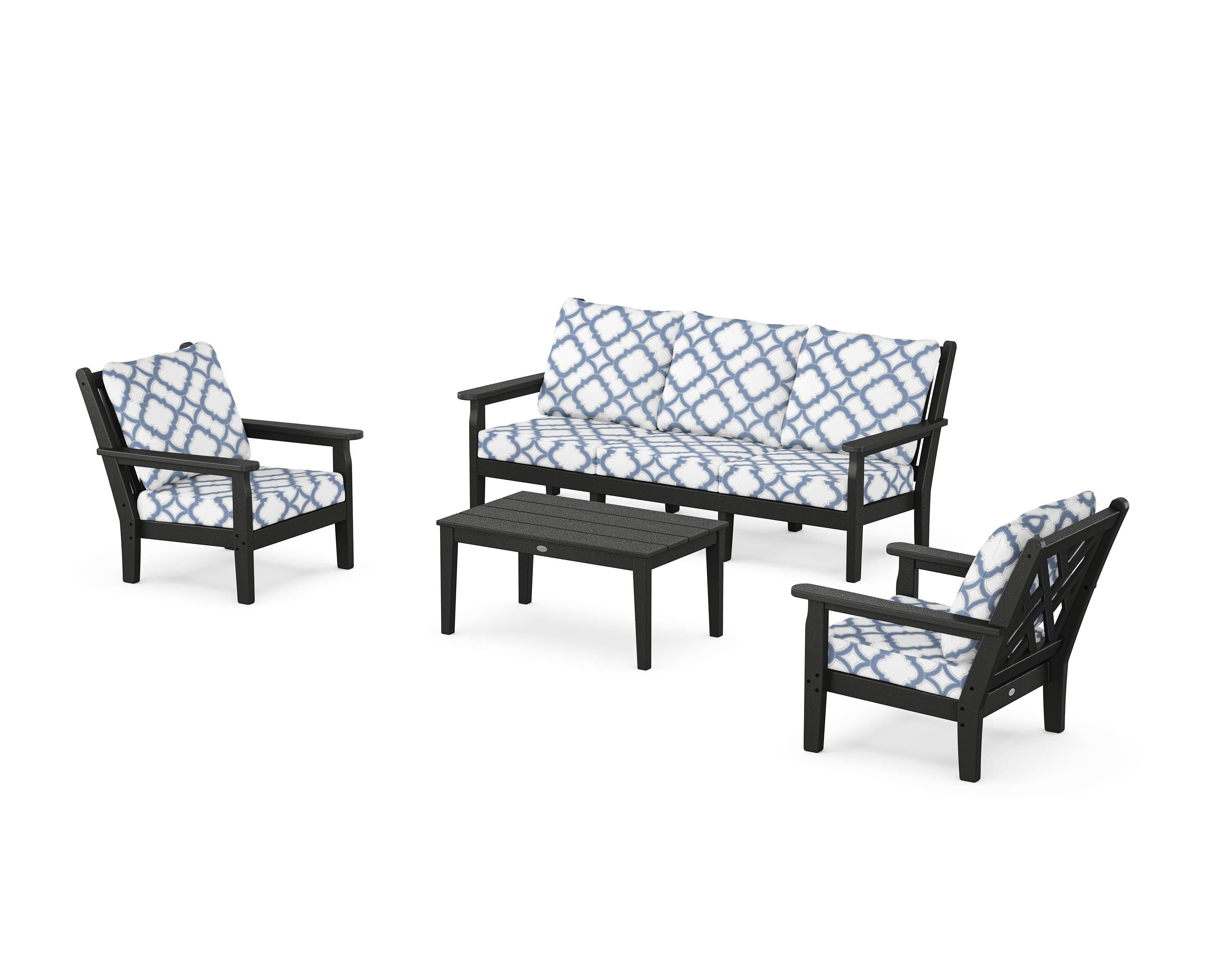 POLYWOOD® Chippendale 4-Piece Deep Seating Set with Sofa in Black / Trellis Sky Blue