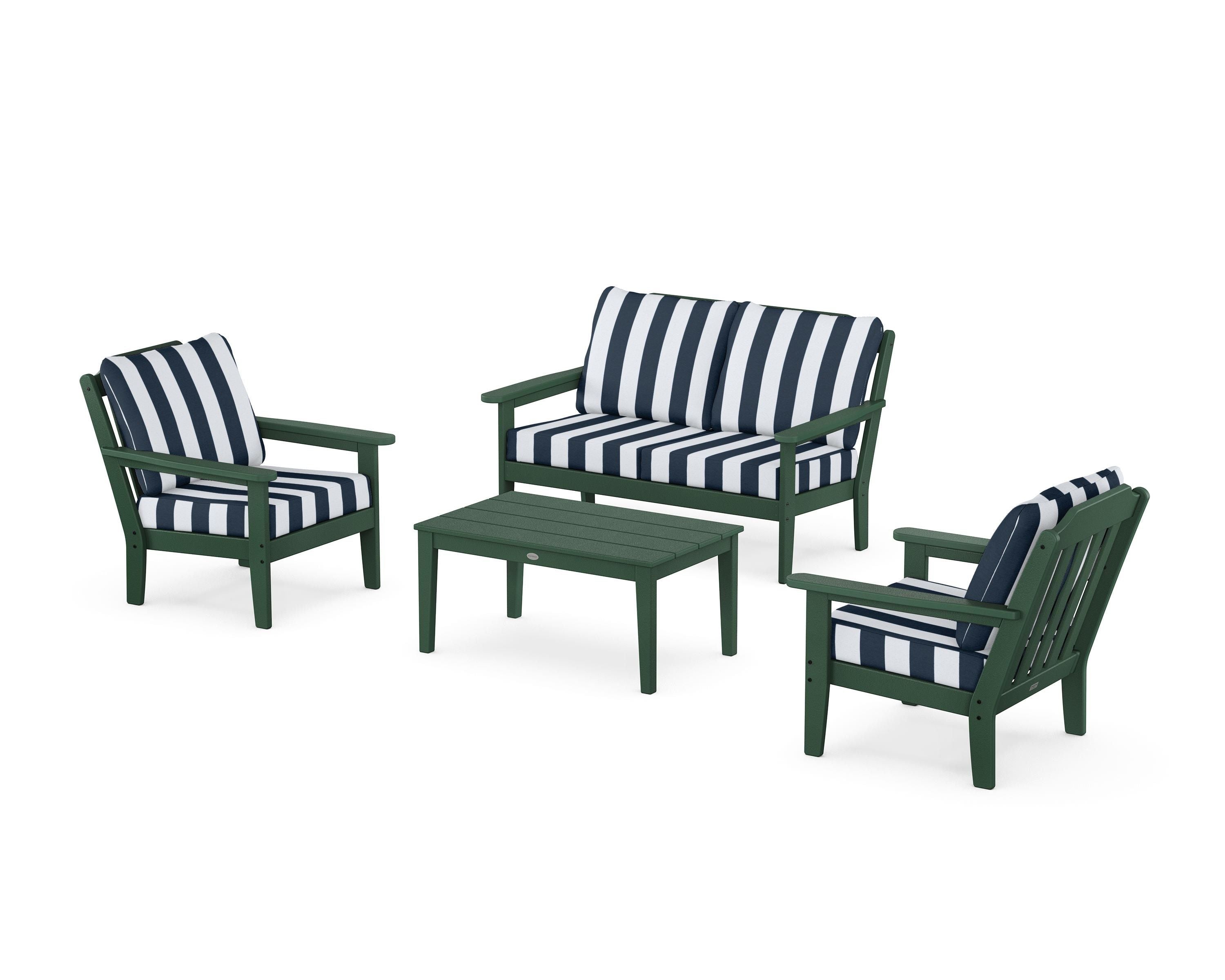 Country Living Cottage 4-Piece Deep Seating Set with Loveseat in Green / Cabana Stripe Marine Indigo