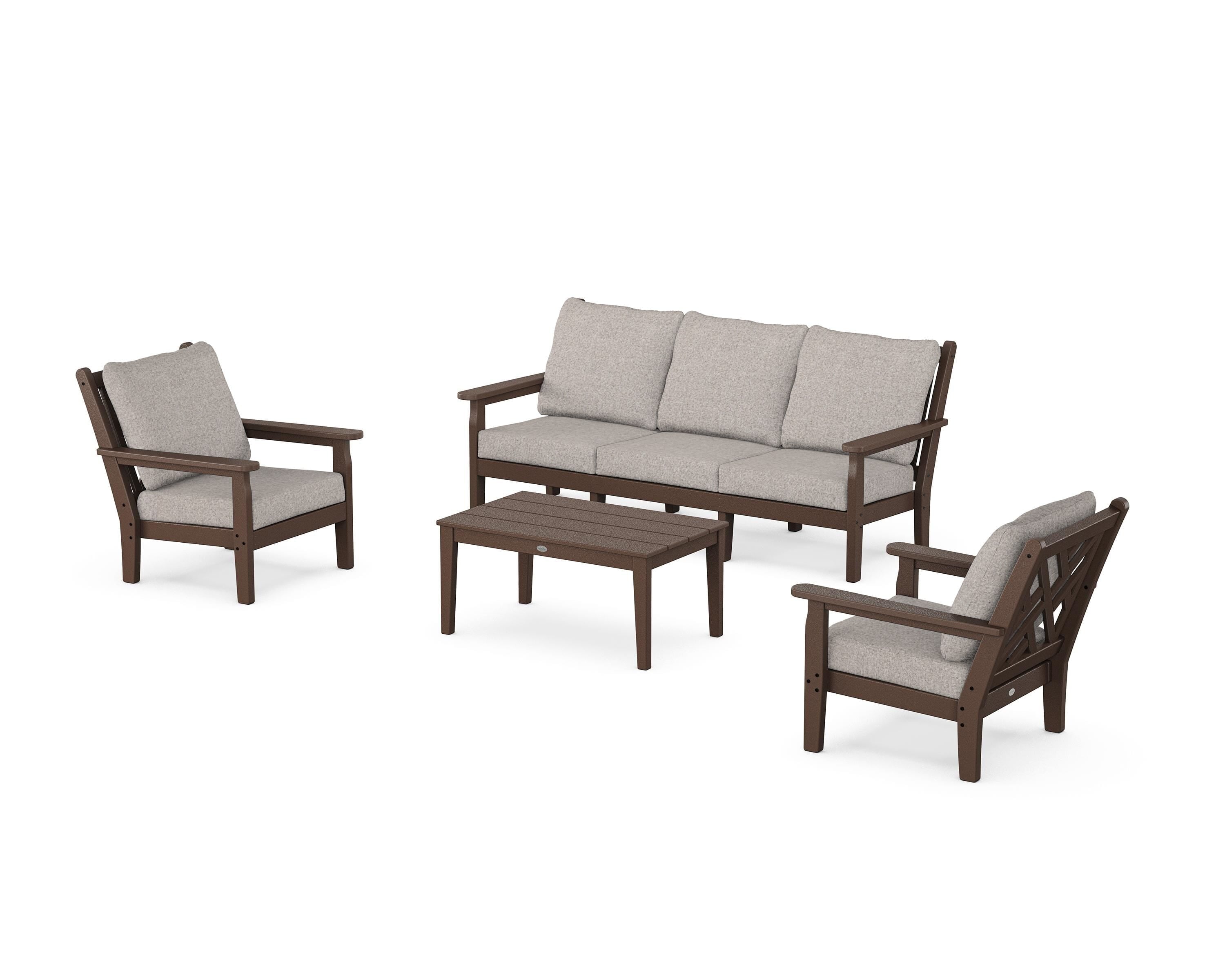 POLYWOOD® Chippendale 4-Piece Deep Seating Set with Sofa in Mahogany / Weathered Tweed