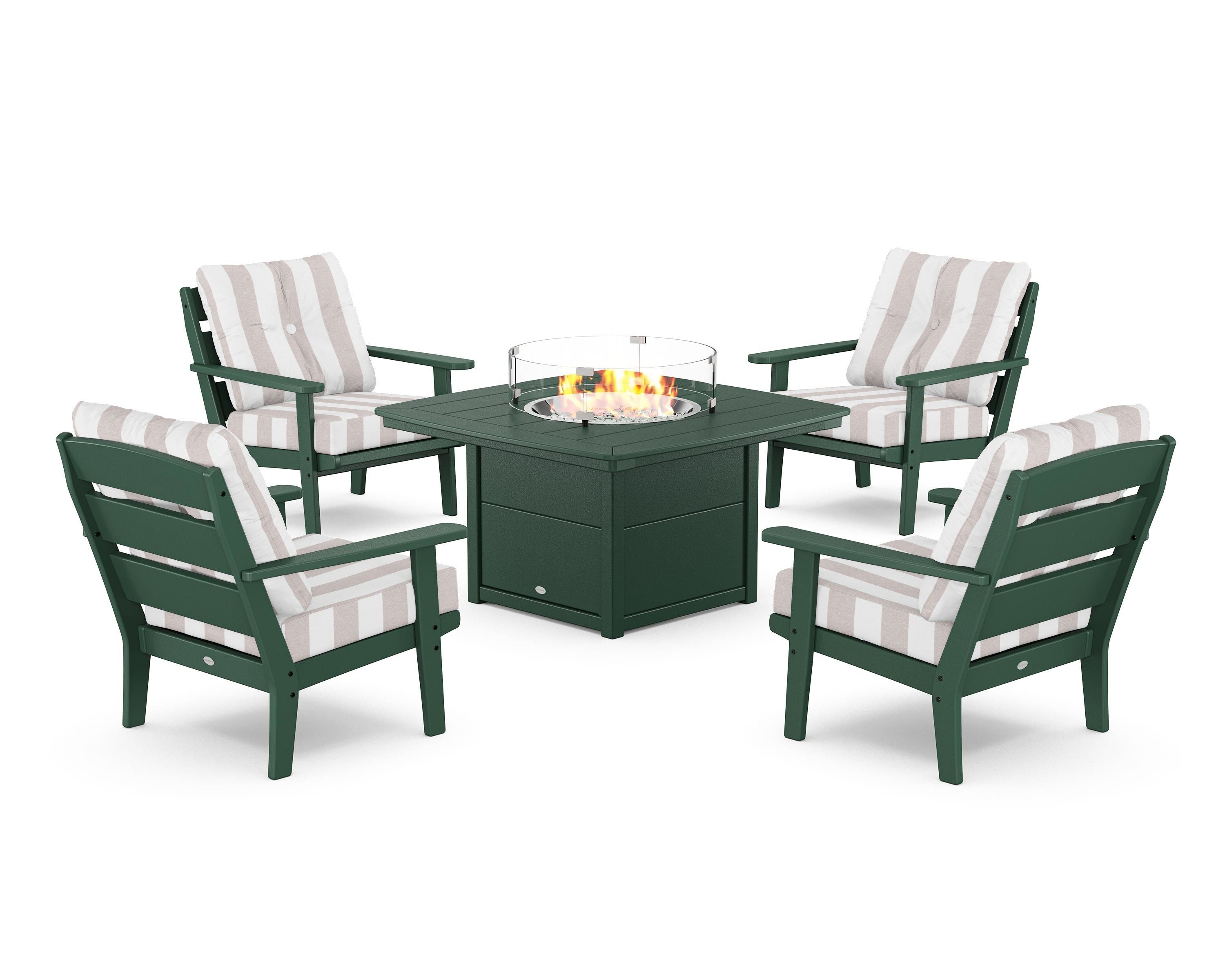 POLYWOOD® Lakeside 5-Piece Deep Seating Set with Nautical Fire Pit Table in Green / Cabana Stripe Dune Burlap