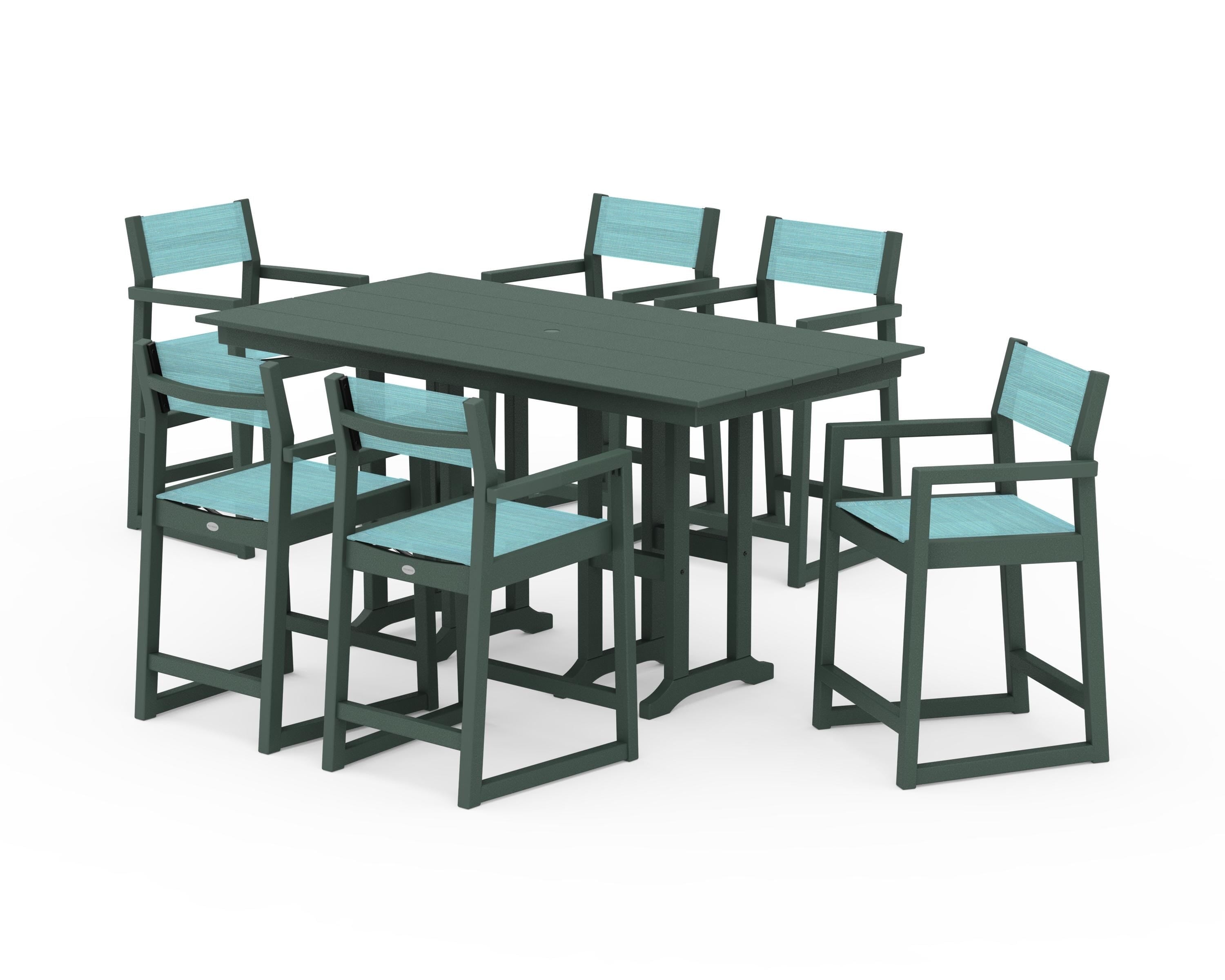 POLYWOOD® EDGE Sling Arm Chair 7-Piece Farmhouse Counter Set in Green / Dupioni Aquamarine Sling