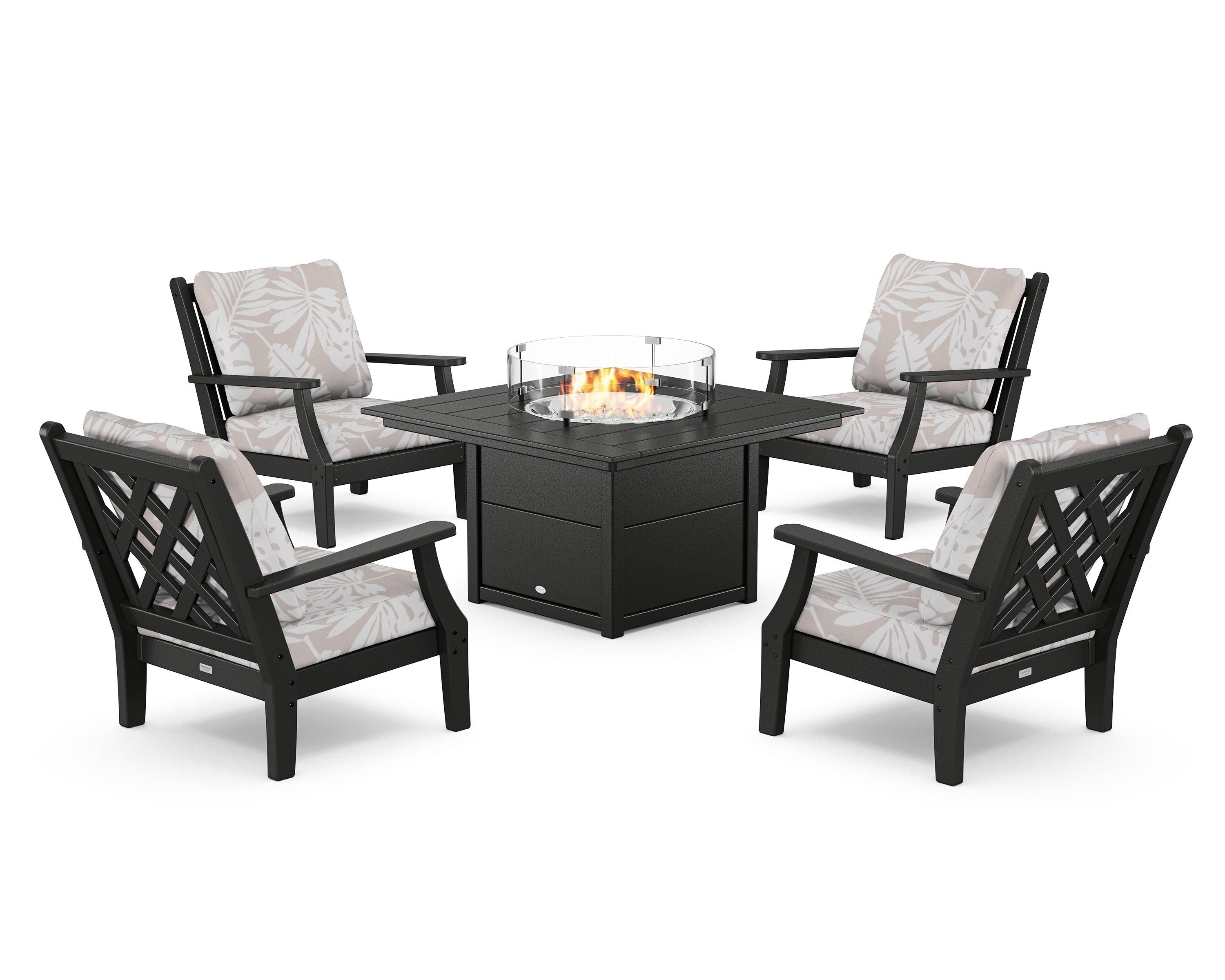 Country Living Wovendale 5-Piece Deep Seating Set with Fire Pit Table in Black / Leaf Dune Burlap