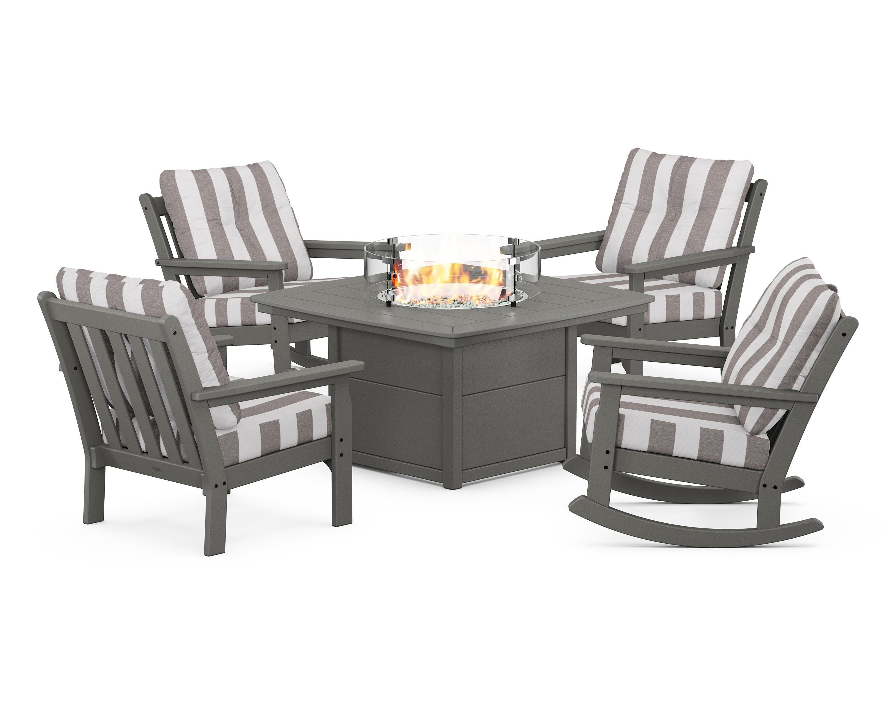 POLYWOOD® Vineyard 5-Piece Deep Seating Rocking Chair Conversation Set with Fire Pit Table in Slate Grey / Cabana Stripe Grey Mist