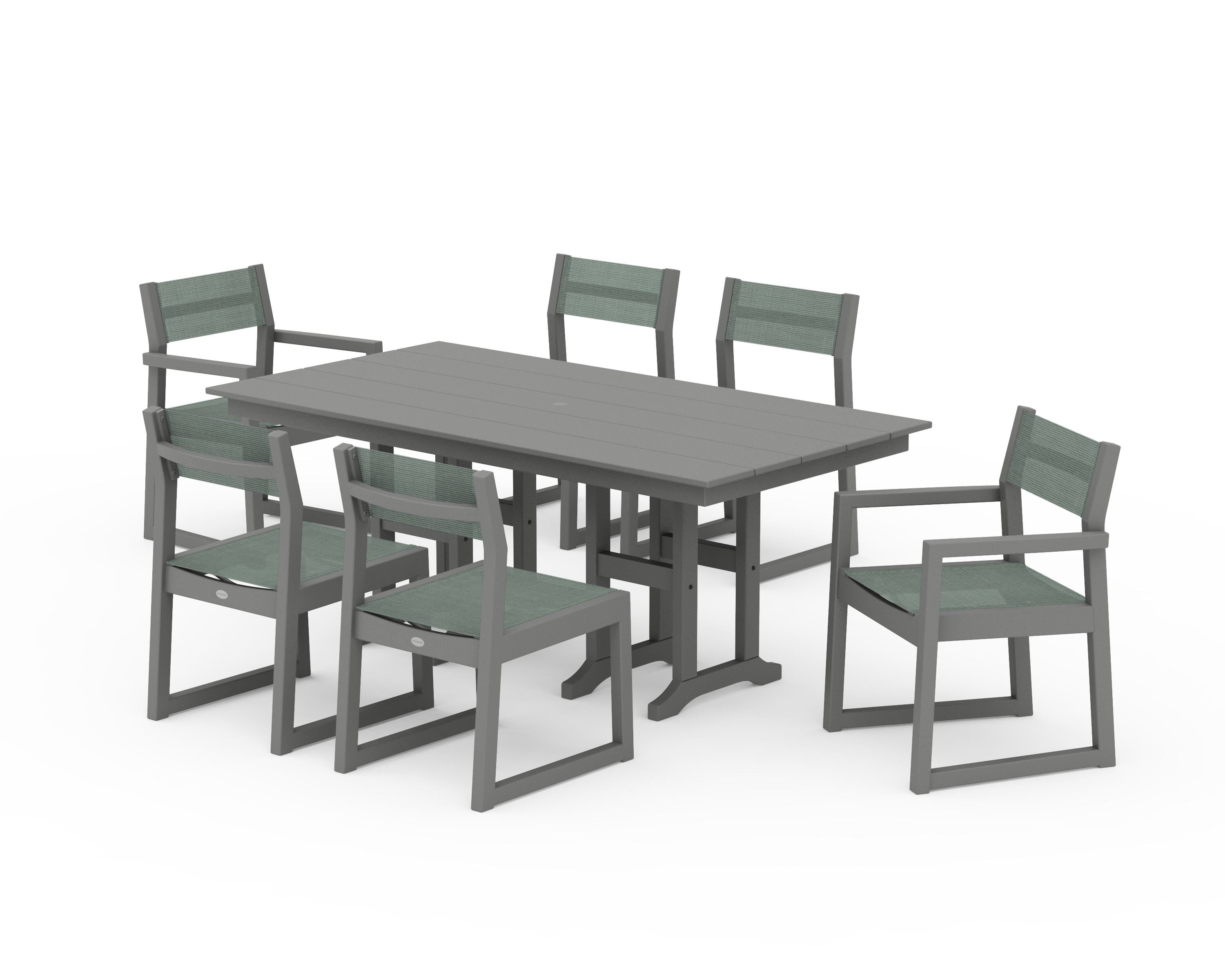POLYWOOD® EDGE Sling 7-Piece Farmhouse Dining Set in Slate Grey / Dupioni Sea Mist Sling