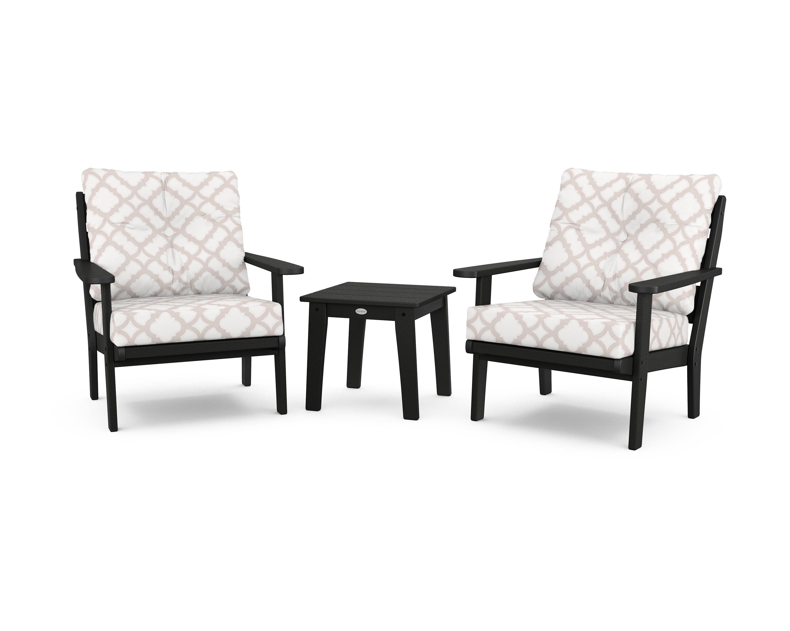 POLYWOOD® Lakeside 3-Piece Deep Seating Chair Set in Black / Trellis Dune Burlap