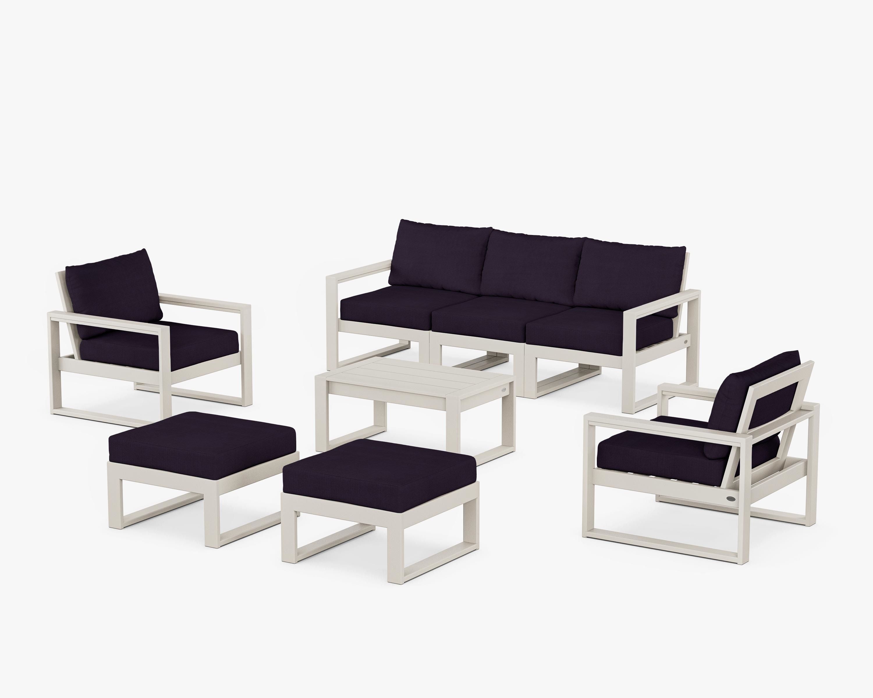 POLYWOOD® EDGE Sectional 8-Piece Lounge Sofa Set in Sand / Navy Linen
