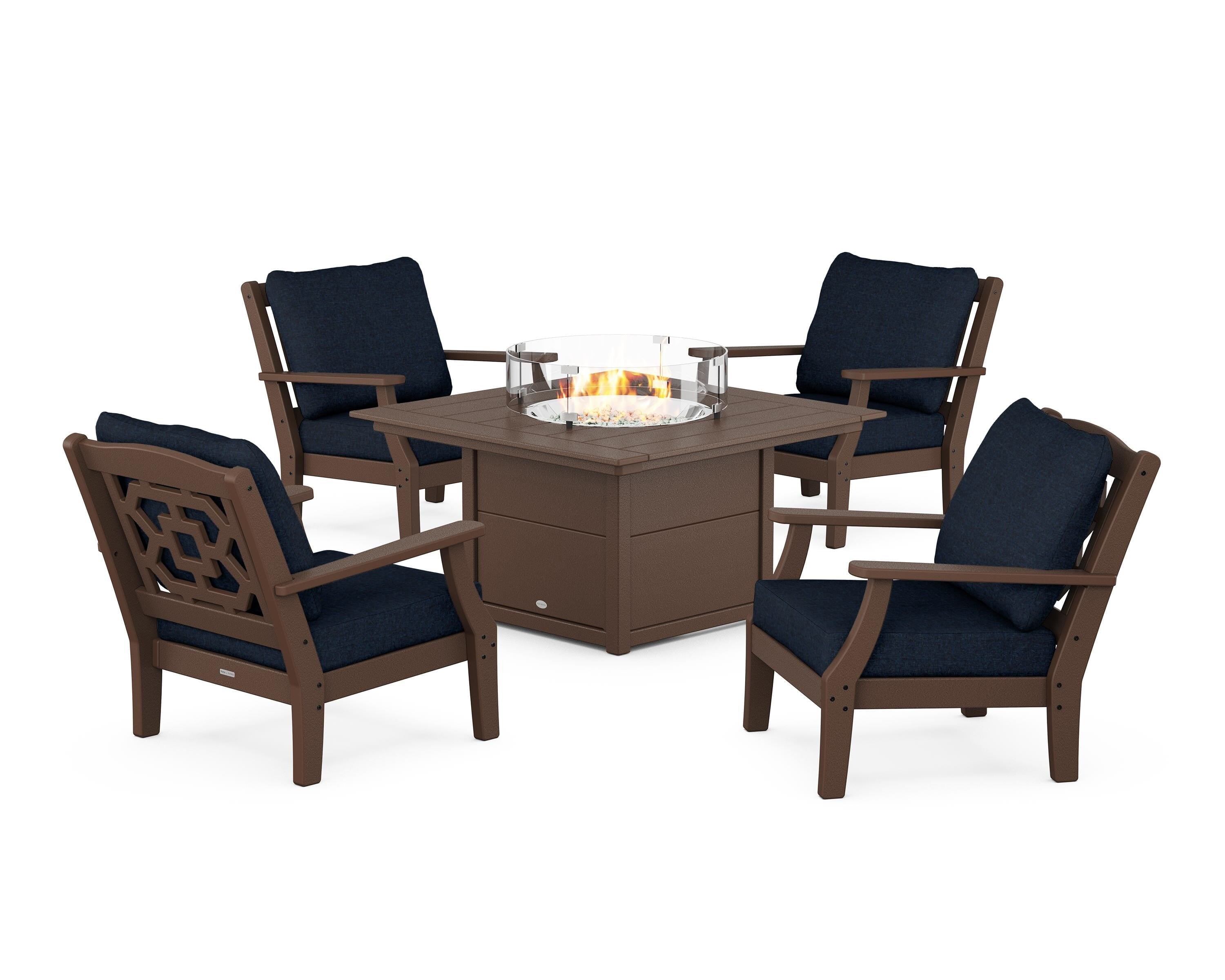 Martha Stewart by POLYWOOD® Chinoiserie 5-Piece Deep Seating Set with Fire Pit Table in Mahogany / Marine Indigo