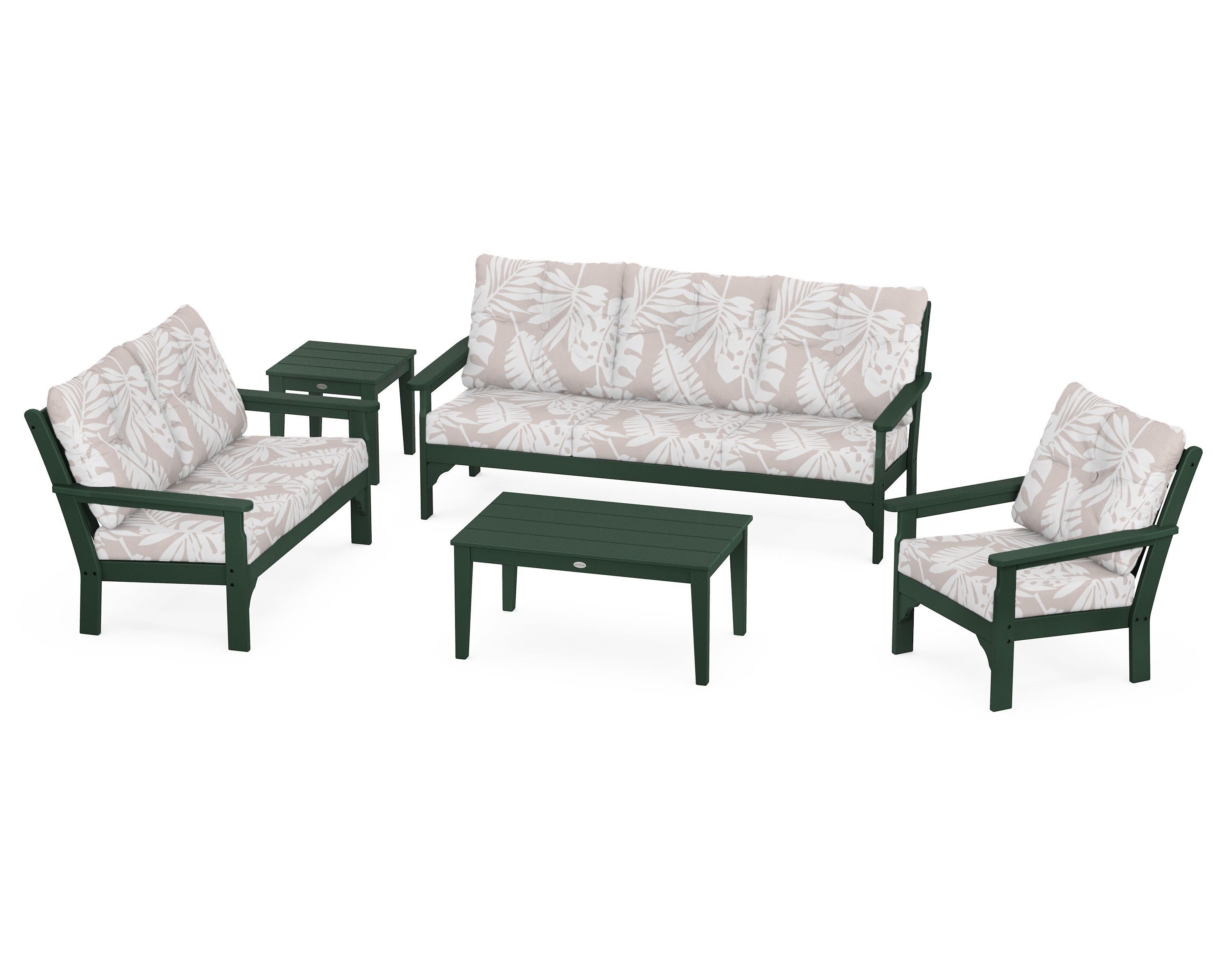 POLYWOOD® Vineyard 5 Piece Deep Seating Set in Green / Leaf Dune Burlap