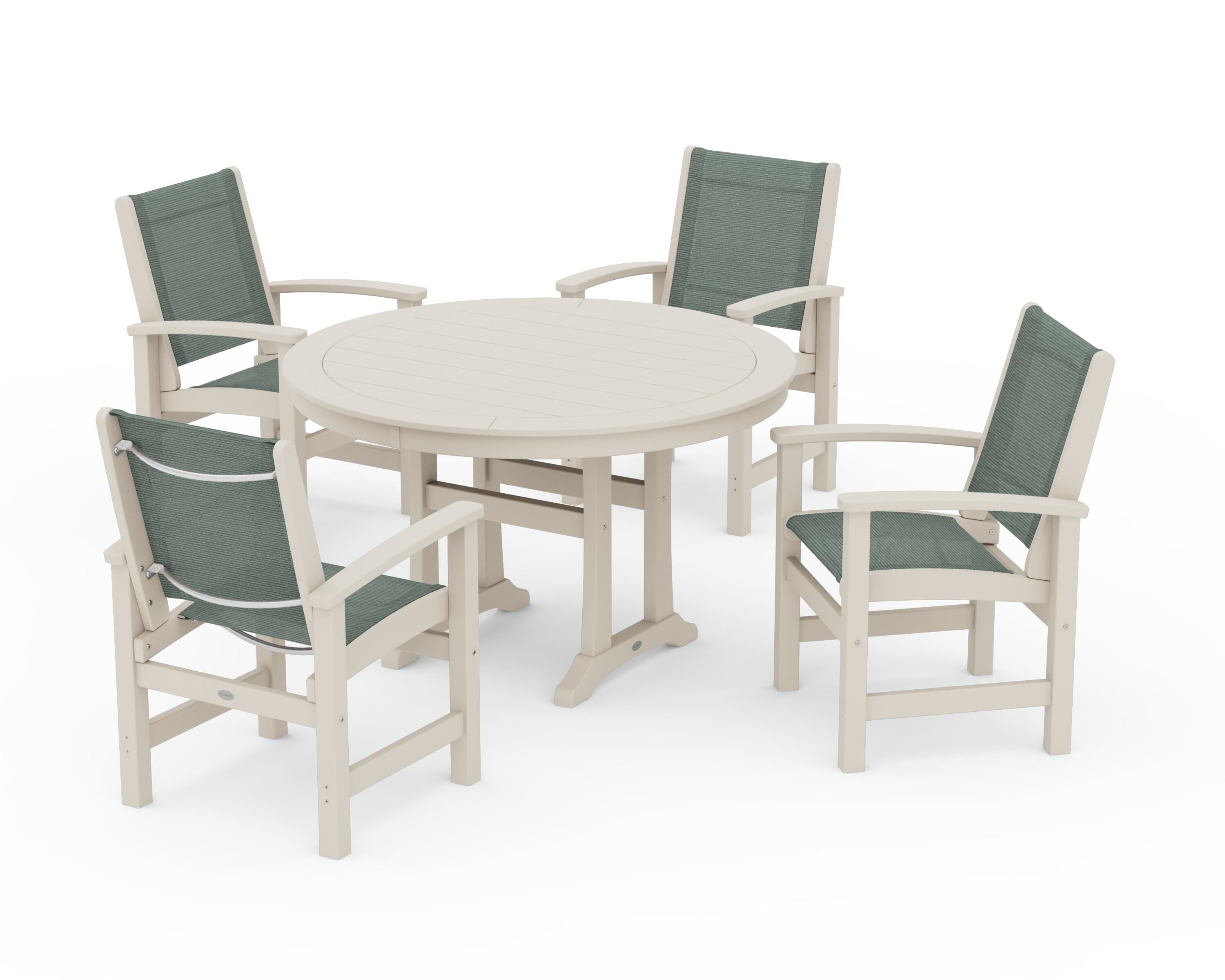 POLYWOOD® Coastal 5-Piece Round Dining Set with Trestle Legs in Sand / Dupioni Sea Mist Sling