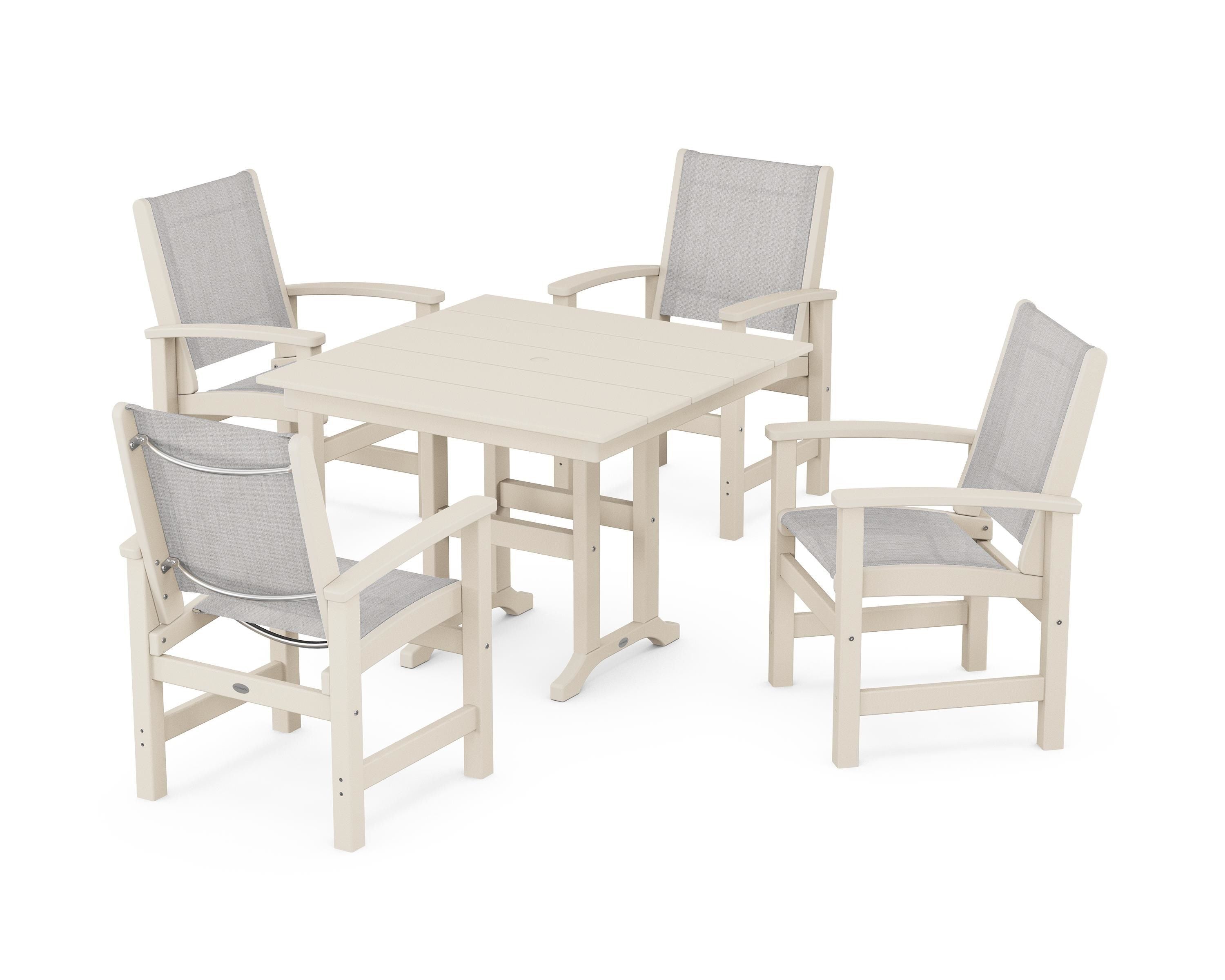 POLYWOOD® Coastal 5-Piece Farmhouse Dining Set in Sand / Parchment Sling