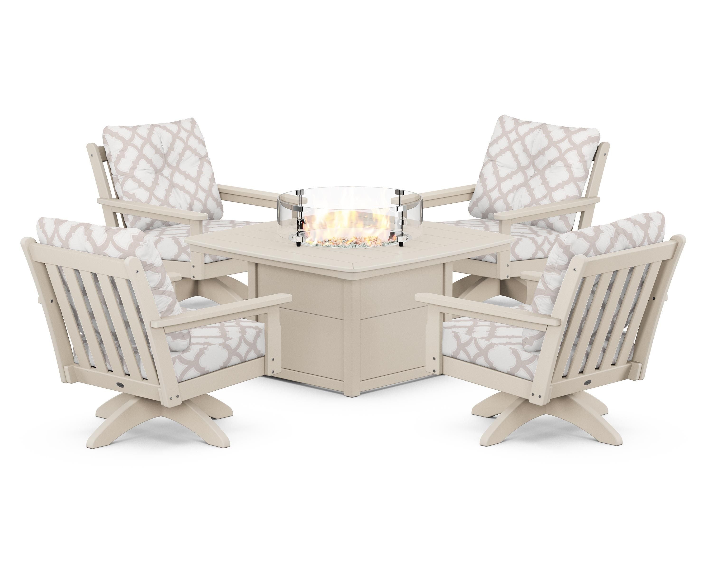 POLYWOOD® Vineyard 5-Piece Deep Seating Swivel Conversation Set with Fire Pit Table in Sand / Trellis Dune Burlap