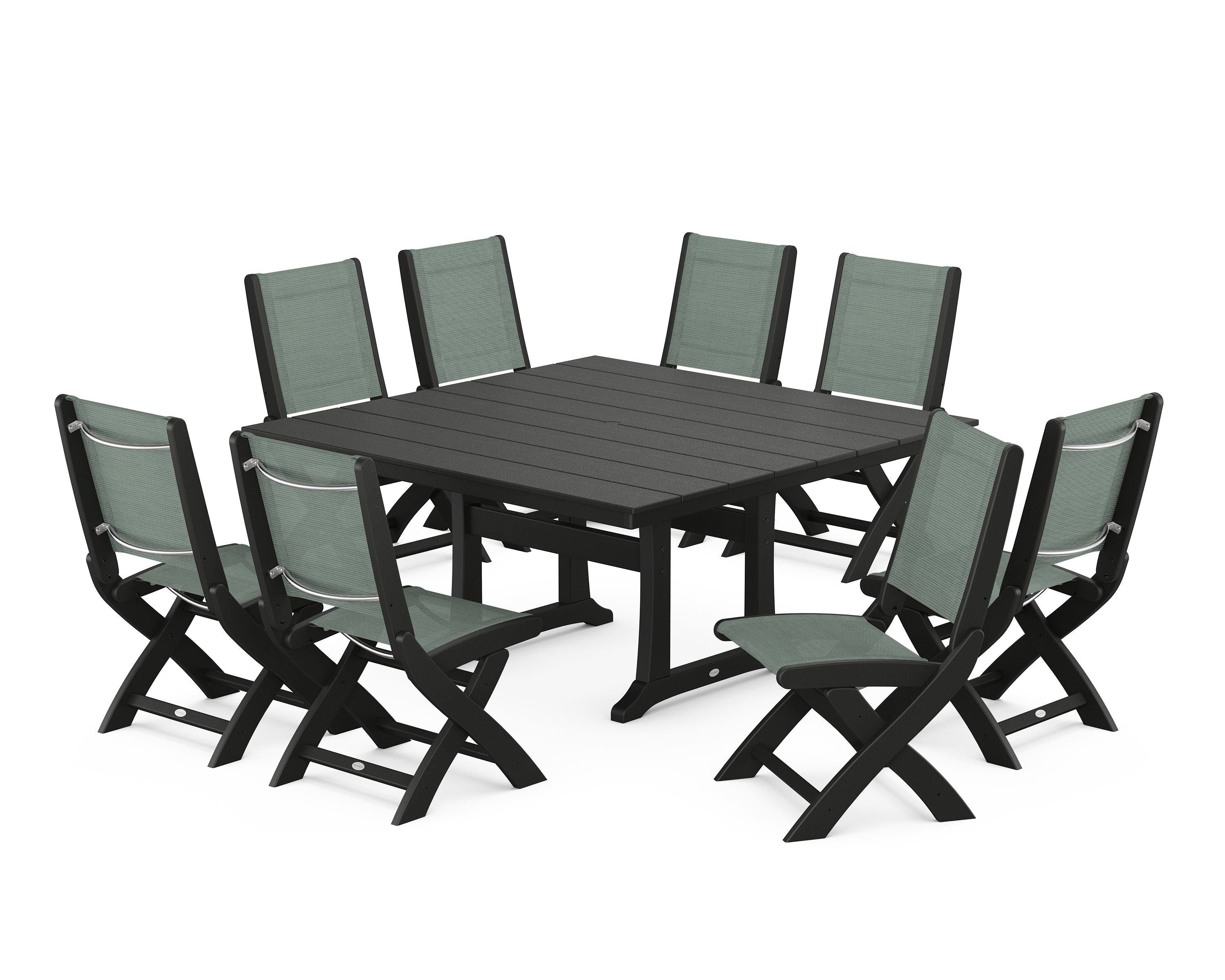 POLYWOOD® Coastal Folding Side Chair 9-Piece Farmhouse Dining Set in Black / Dupioni Sea Mist Sling