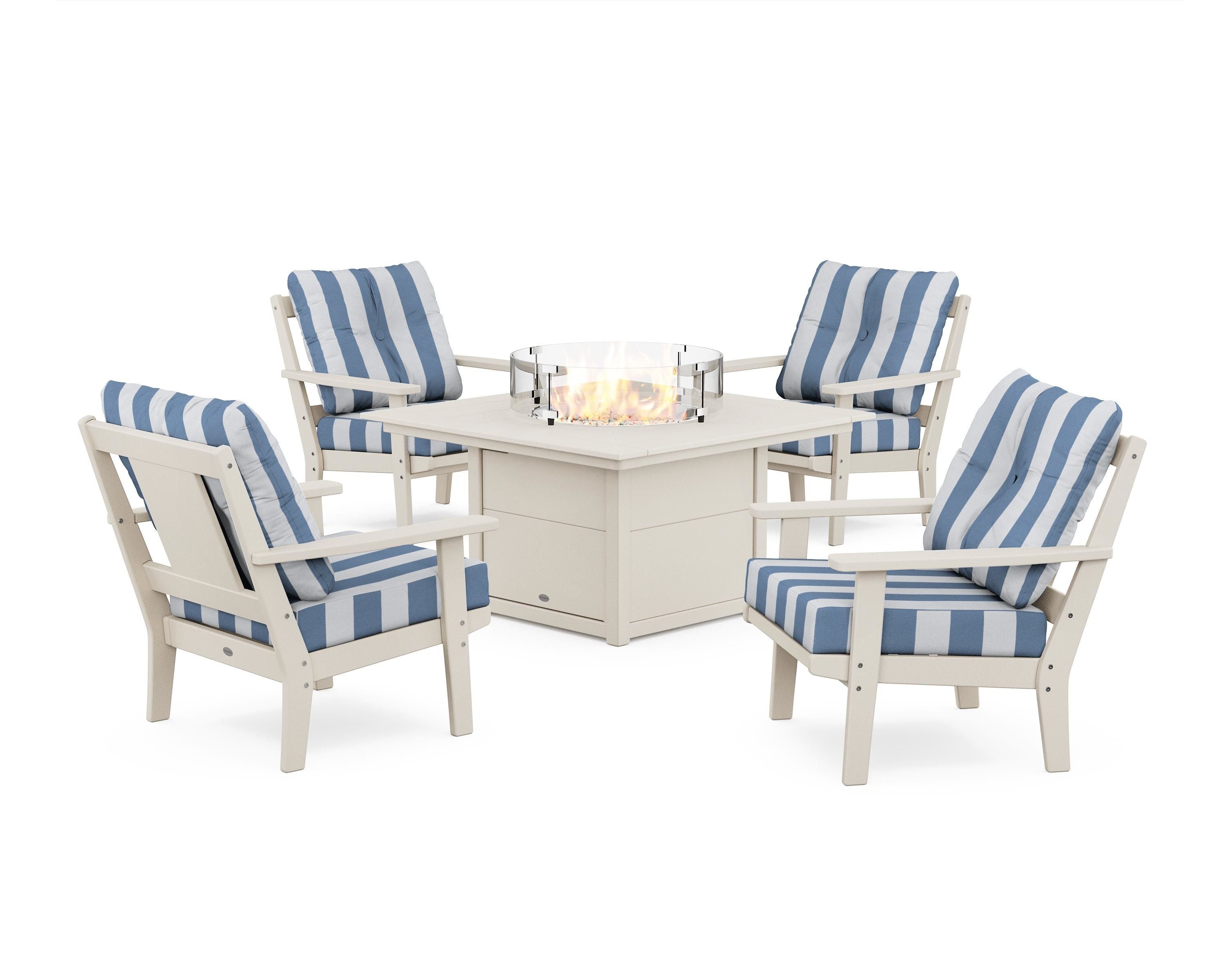 POLYWOOD® Prairie 5-Piece Deep Seating Set with Fire Pit Table in Sand / Cabana Stripe Sky Blue