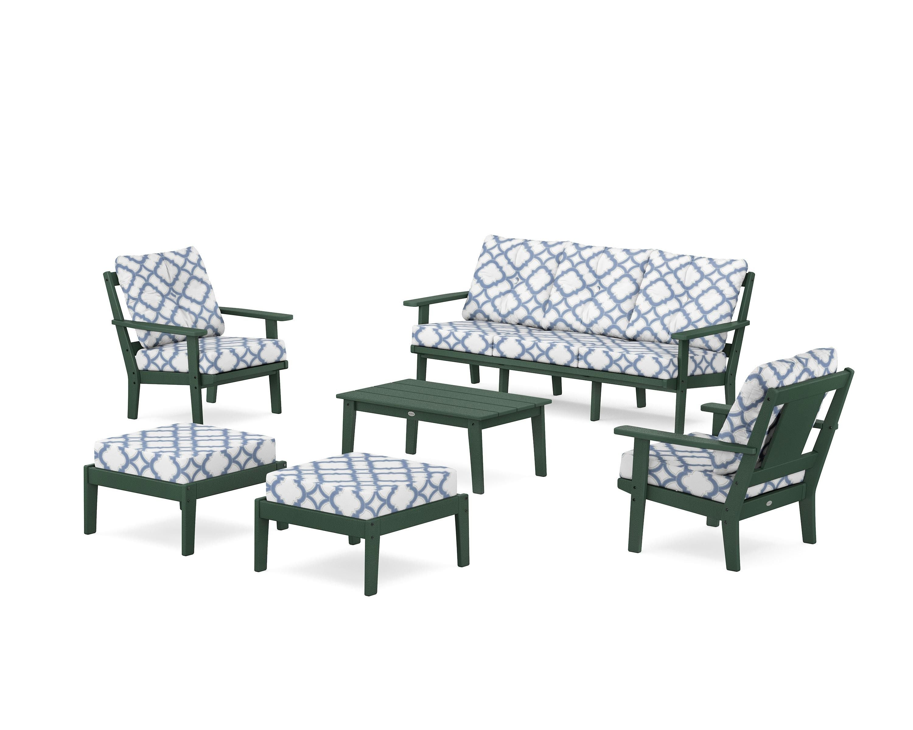 POLYWOOD® Prairie 6-Piece Lounge Sofa Set in Green / Trellis Sky Blue