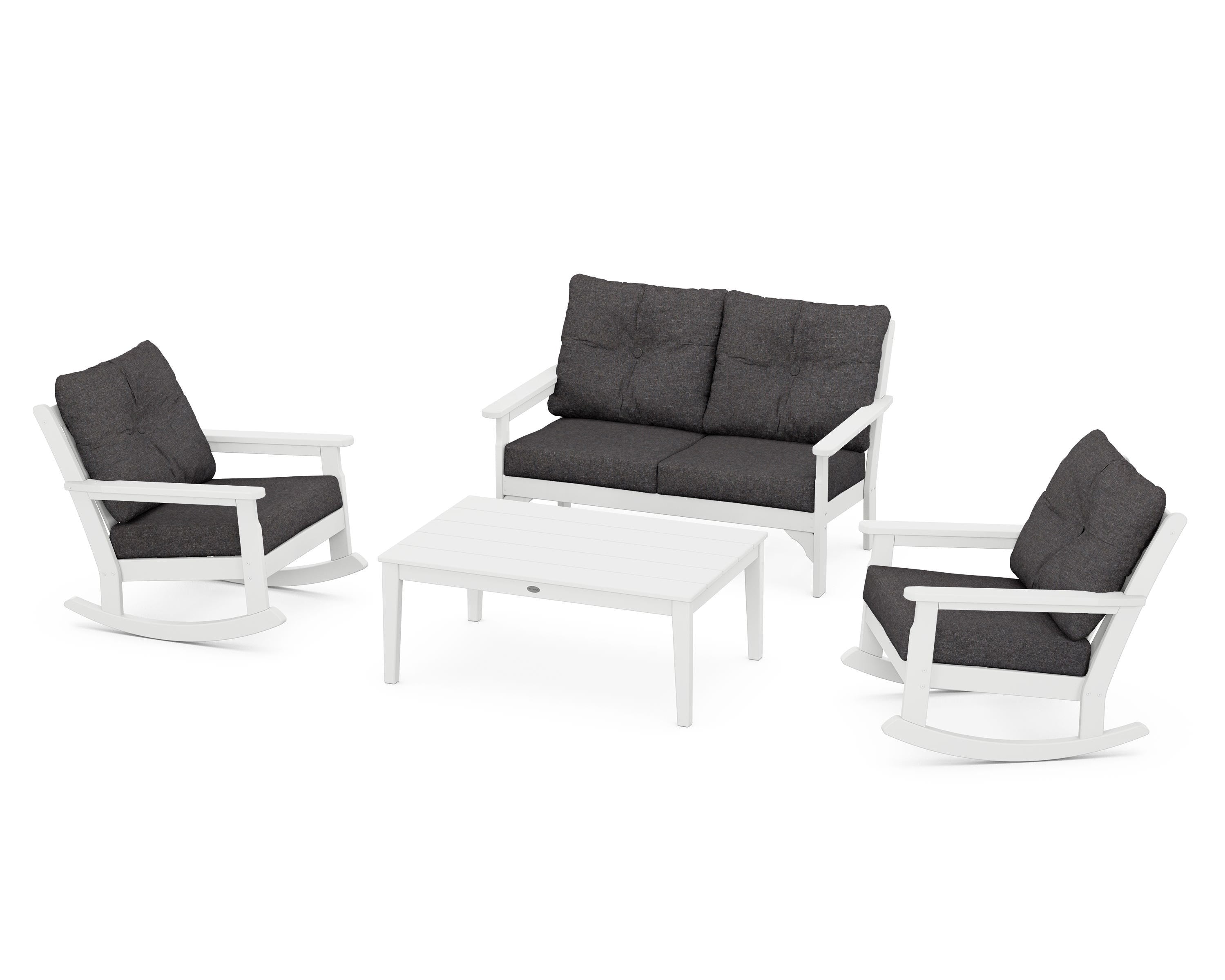 POLYWOOD® Vineyard 4-Piece Deep Seating Rocking Chair Set in White / Ash Charcoal