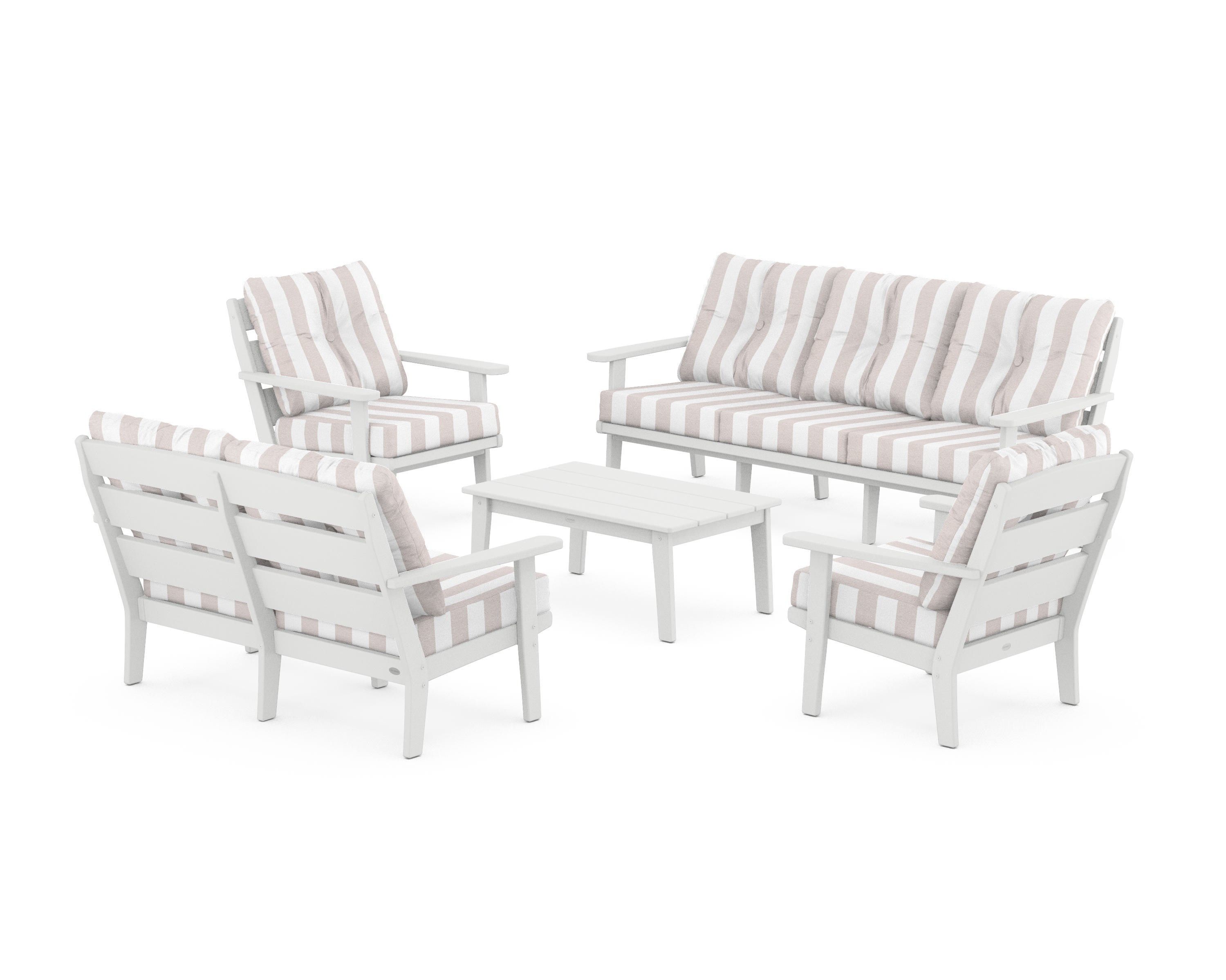 POLYWOOD® Lakeside 5-Piece Lounge Sofa Set in White / Cabana Stripe Dune Burlap
