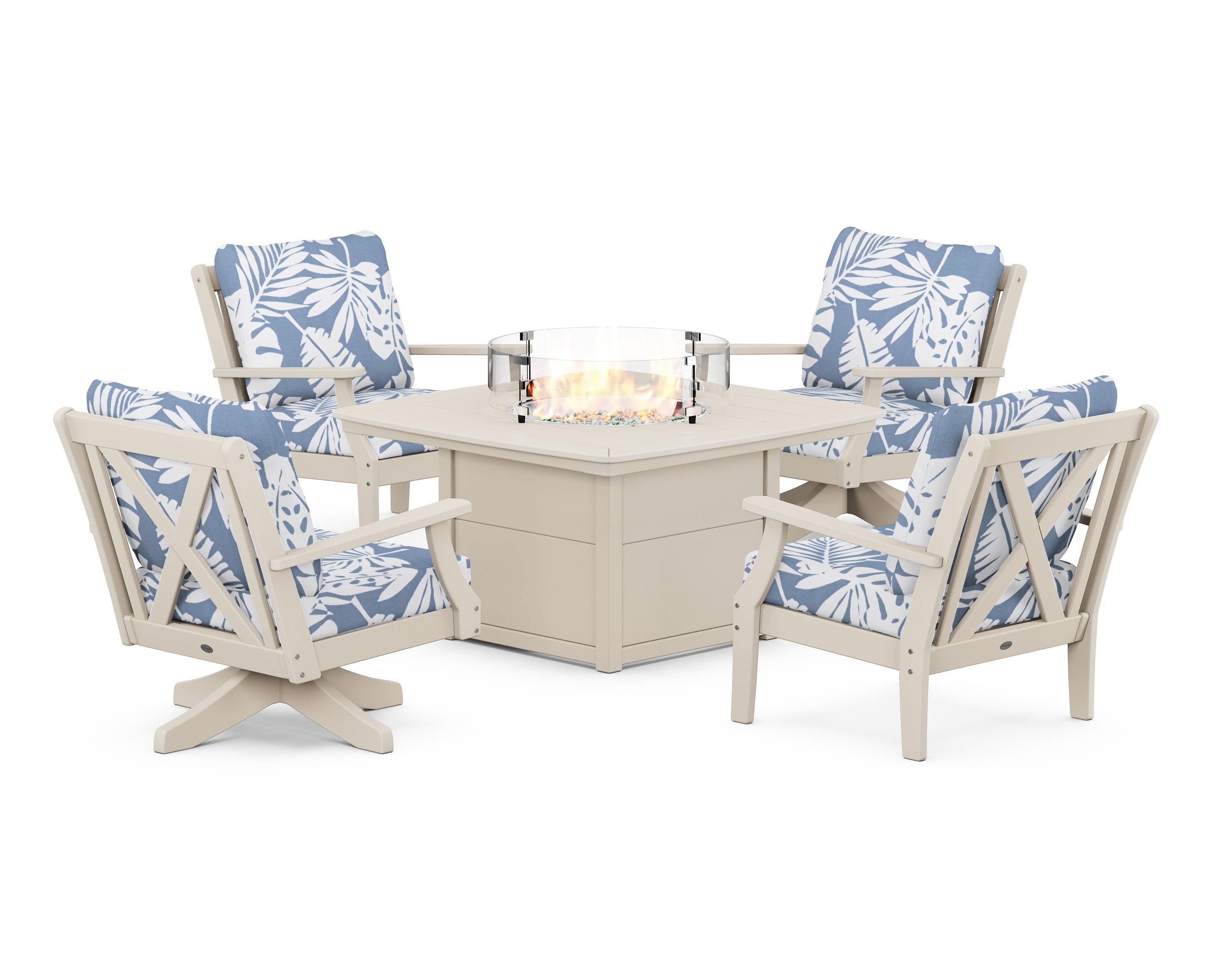 POLYWOOD® Braxton 5-Piece Deep Seating Set with Fire Table in Sand / Leaf Sky Blue