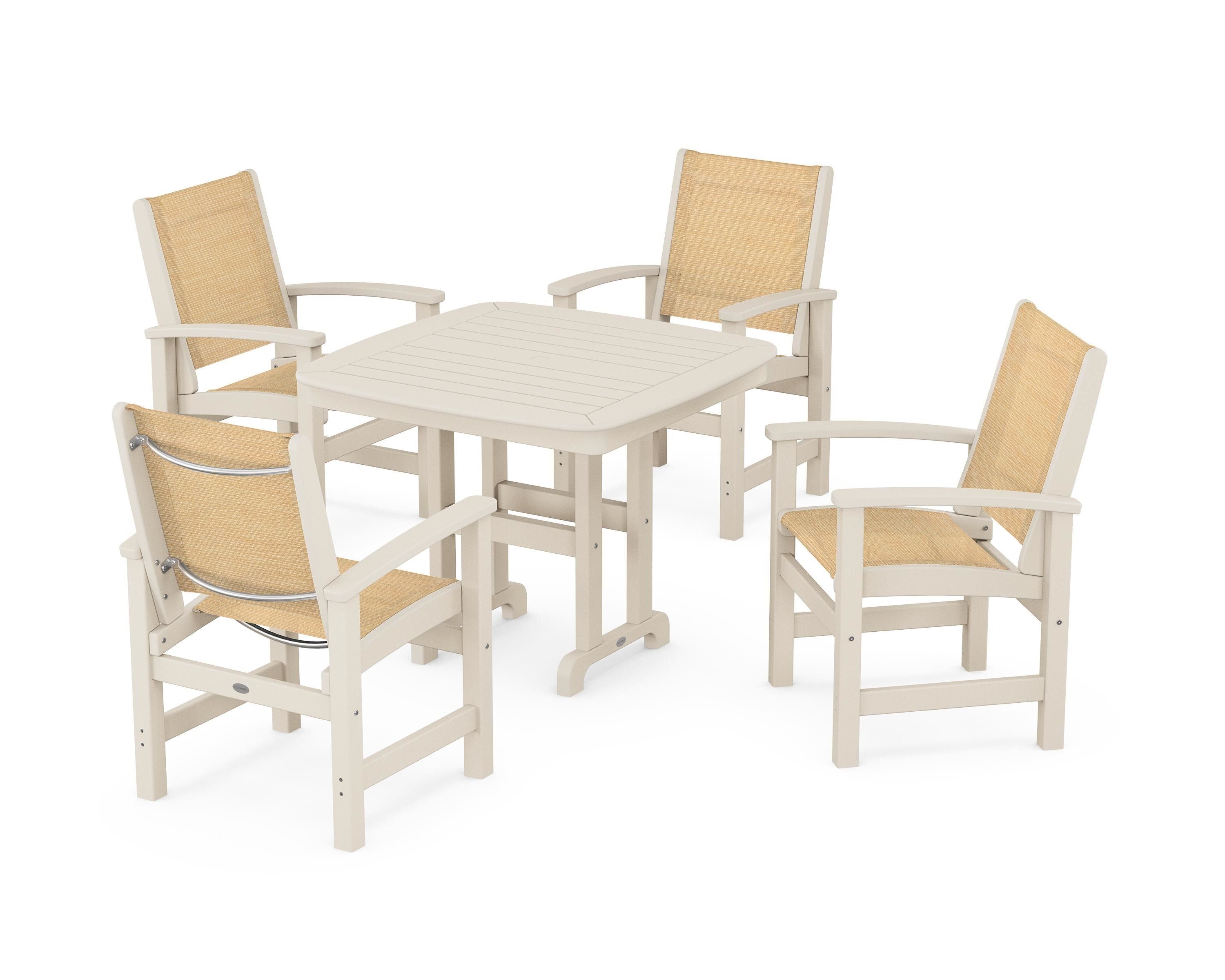 POLYWOOD® Coastal 5-Piece Dining Set in Sand / Dupioni Apricot Sling