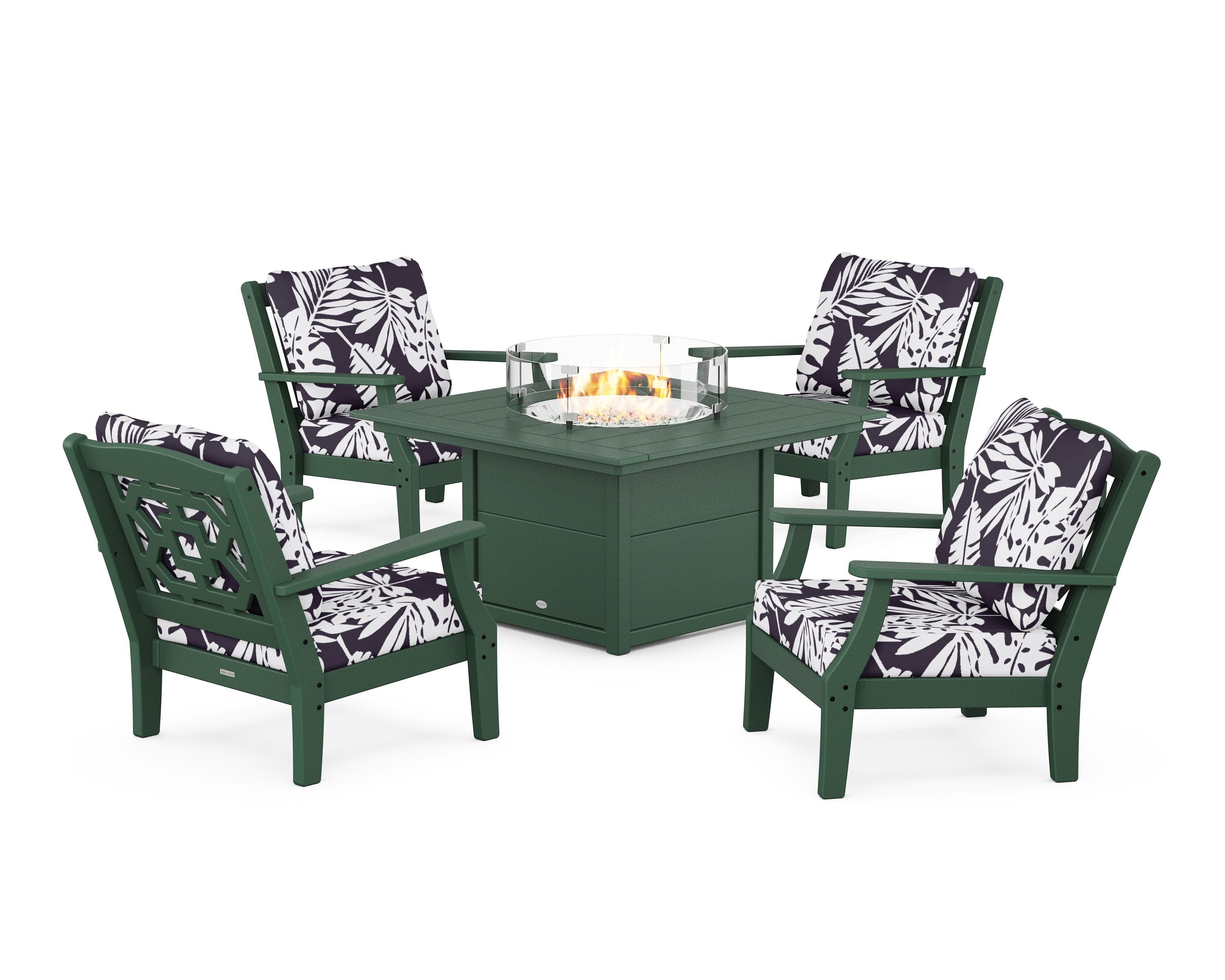 Martha Stewart by POLYWOOD® Chinoiserie 5-Piece Deep Seating Set with Fire Pit Table in Green / Leaf Navy