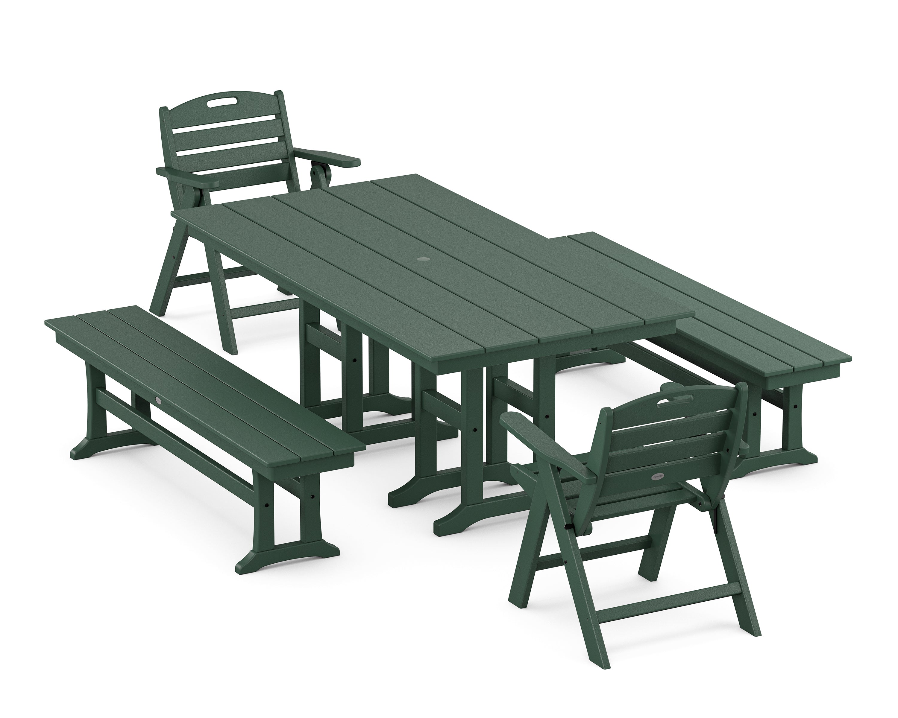 POLYWOOD® Nautical Lowback 5-Piece Farmhouse Dining Set with Benches in Green
