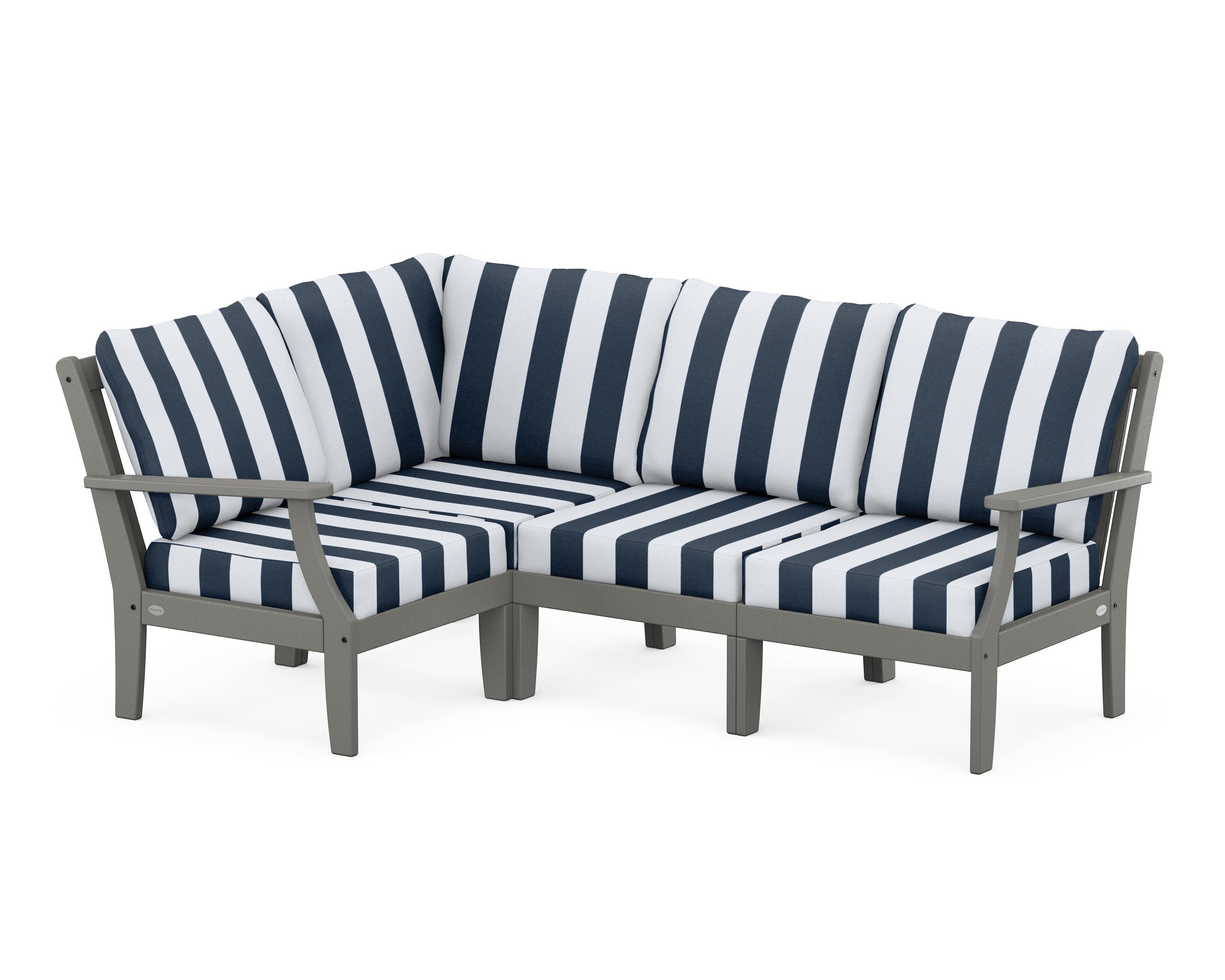 POLYWOOD® Braxton Modular 4-Piece Deep Seating Set in Slate Grey / Cabana Stripe Marine Indigo