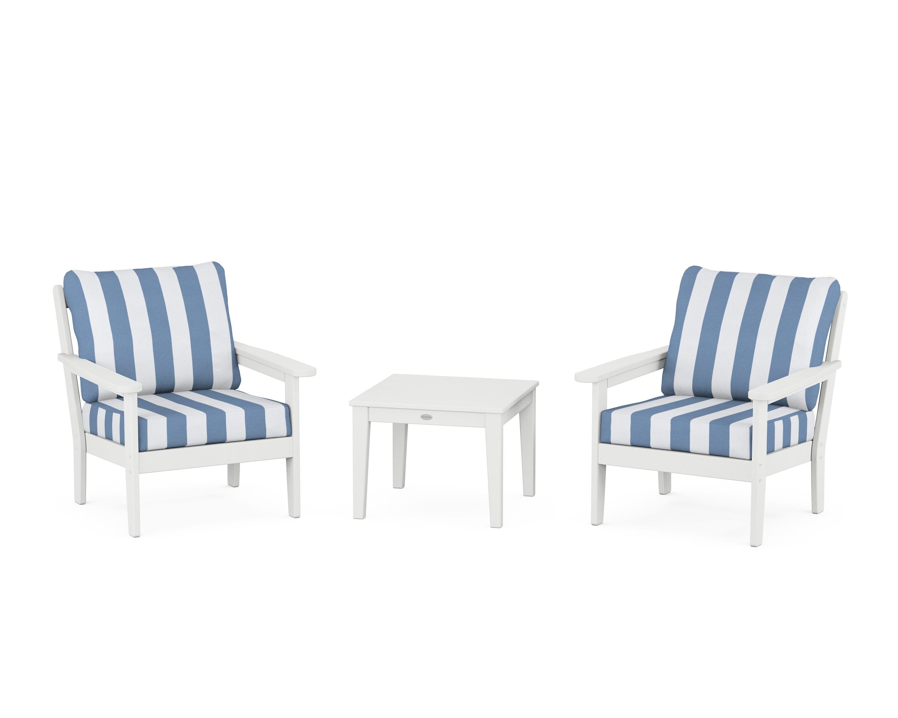 Country Living Cottage 3-Piece Deep Seating Set in White / Cabana Stripe Sky Blue