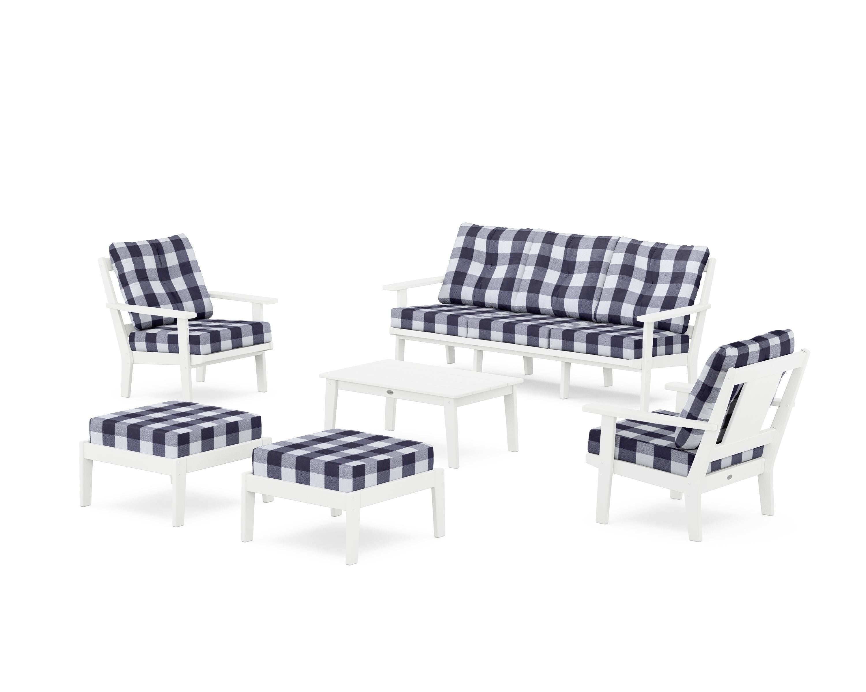 POLYWOOD® Prairie 6-Piece Lounge Sofa Set in White / Buffalo Plaid Navy