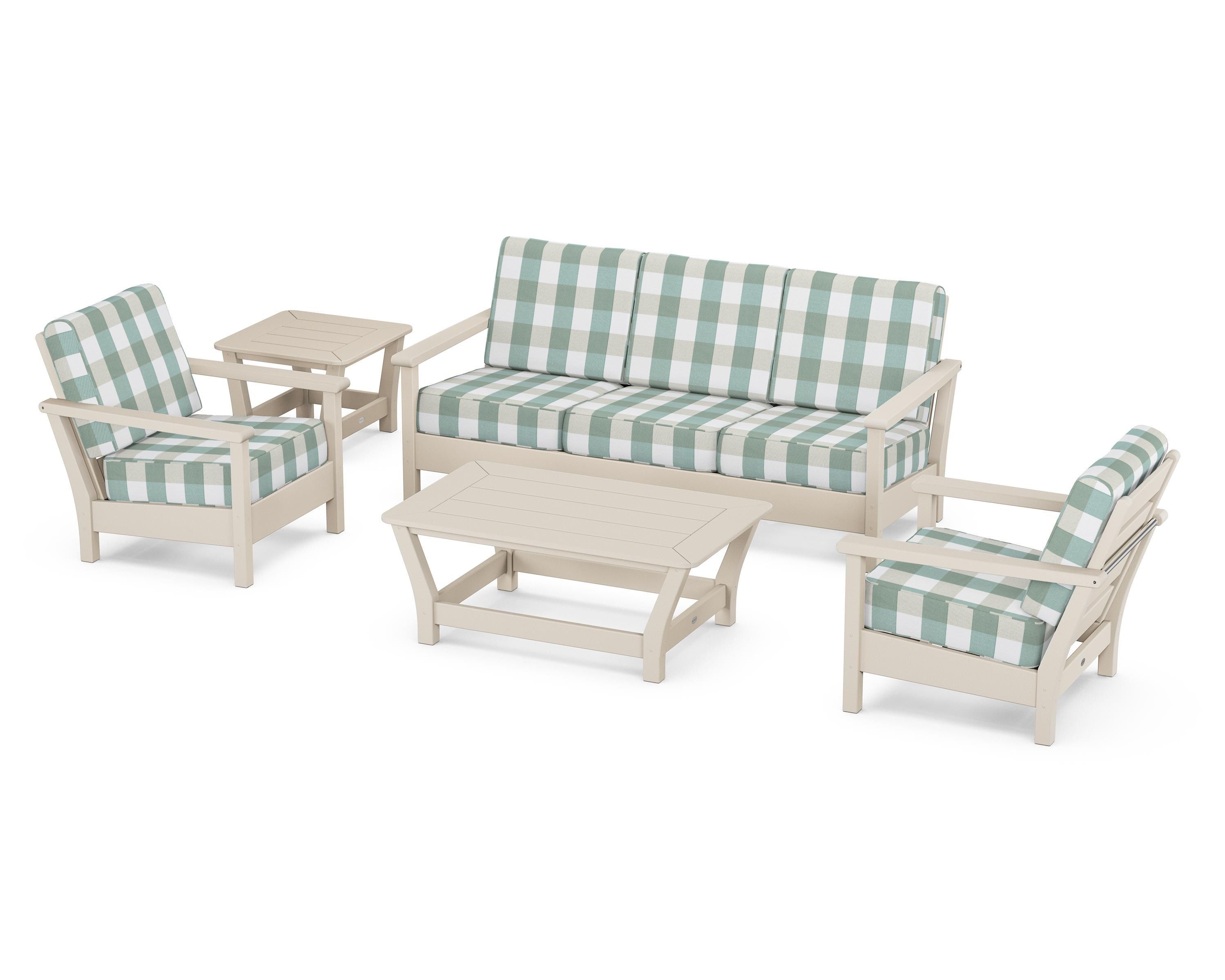 POLYWOOD® Harbour 5-Piece Deep Seating Set in Sand / Buffalo Plaid Glacier Spa