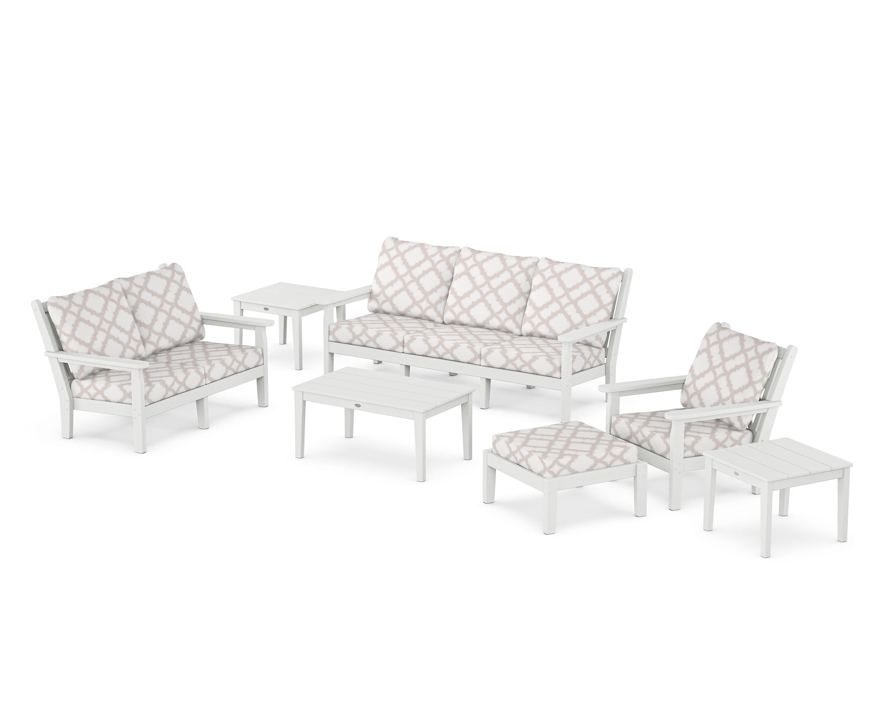 POLYWOOD® Chippendale 7-Piece Deep Seating Set in White / Trellis Dune Burlap