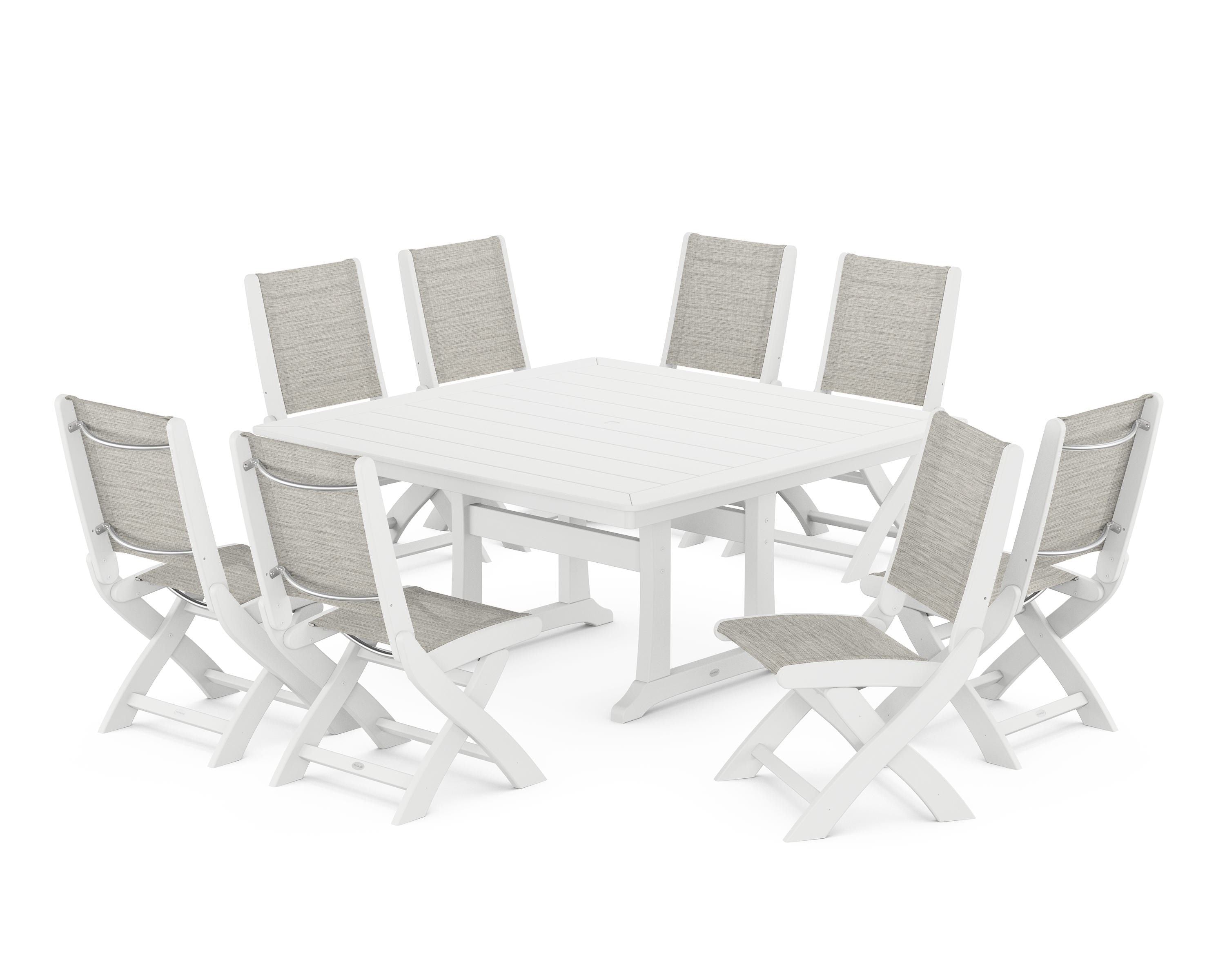POLYWOOD® Coastal Folding Side Chair 9-Piece Dining Set with Trestle Legs in White / Birch Sling