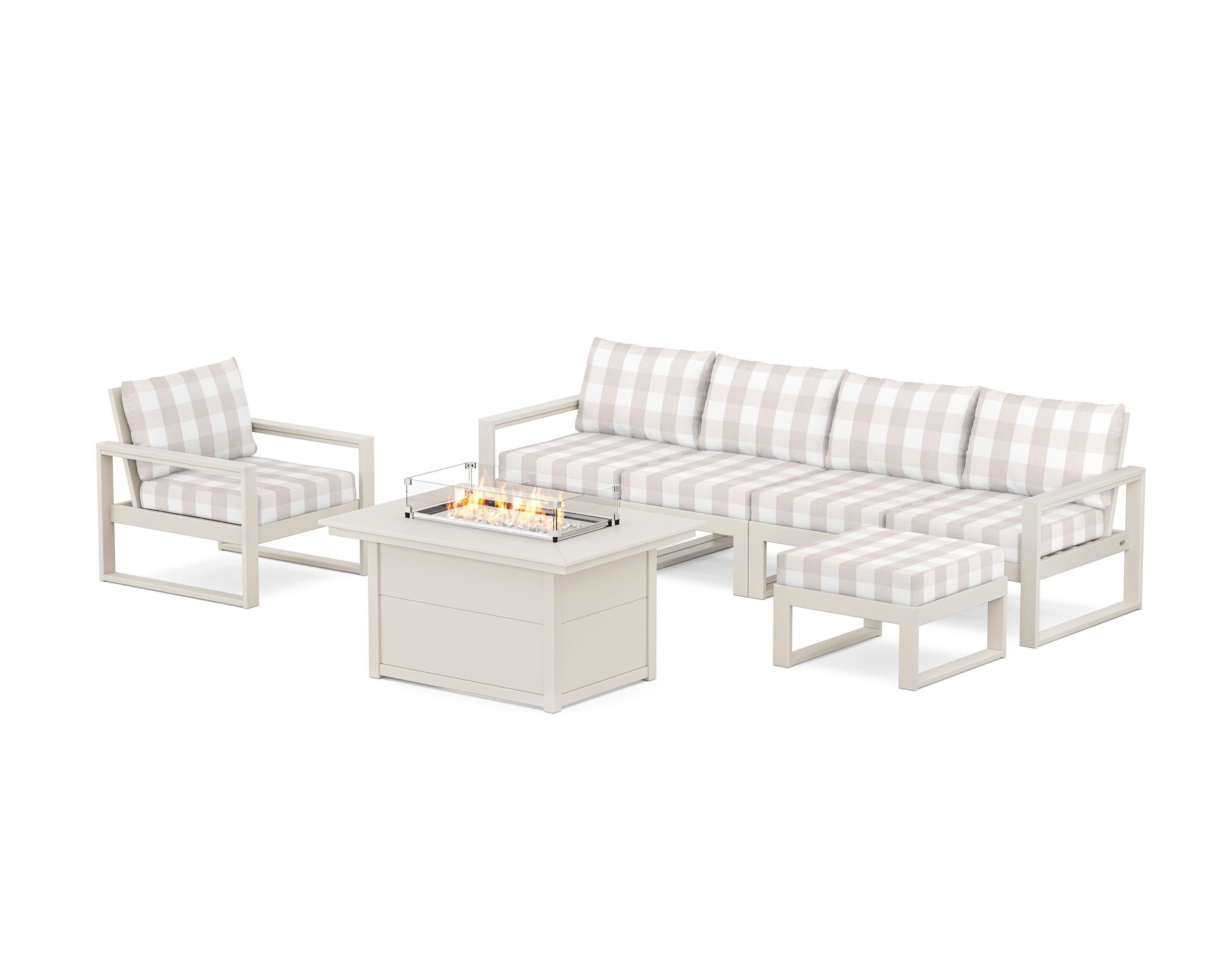 POLYWOOD® EDGE Sectional Lounge and Fire Pit Set in Sand / Buffalo Plaid Dune Burlap