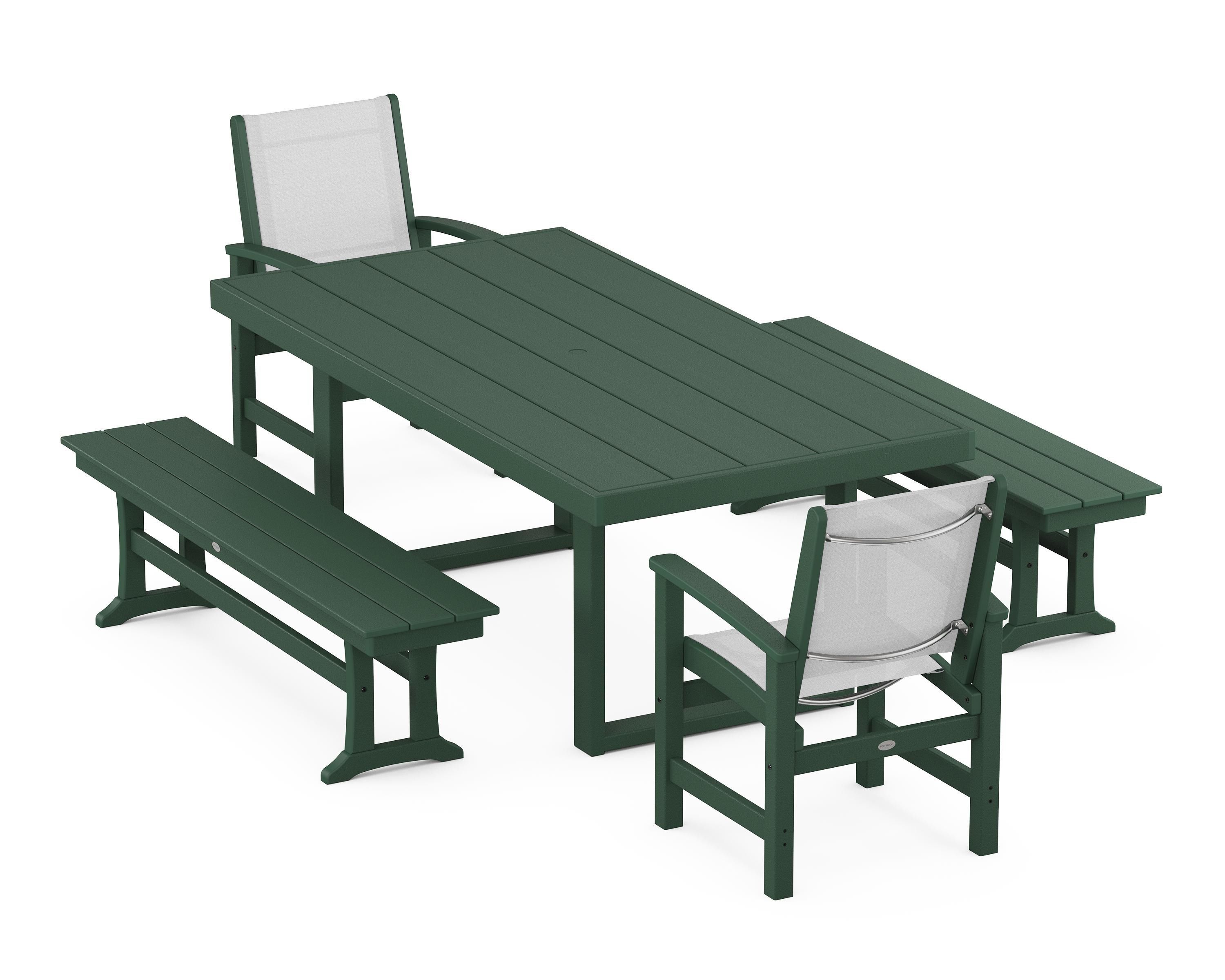 POLYWOOD® Coastal 5-Piece Dining Set with Trestle Legs in Green / White Sling