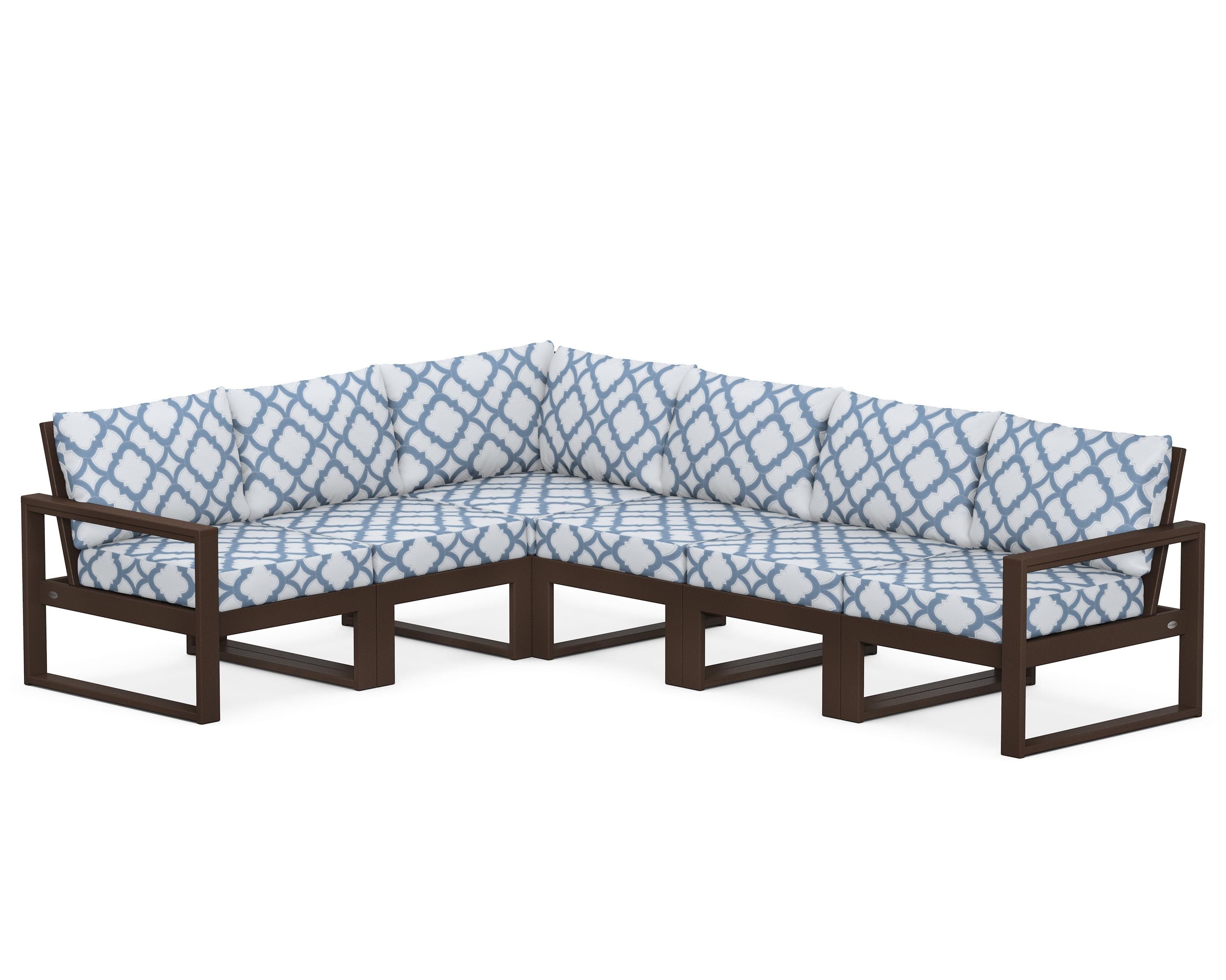 POLYWOOD® EDGE 6-Piece Modular Deep Seating Set in Mahogany / Trellis Sky Blue