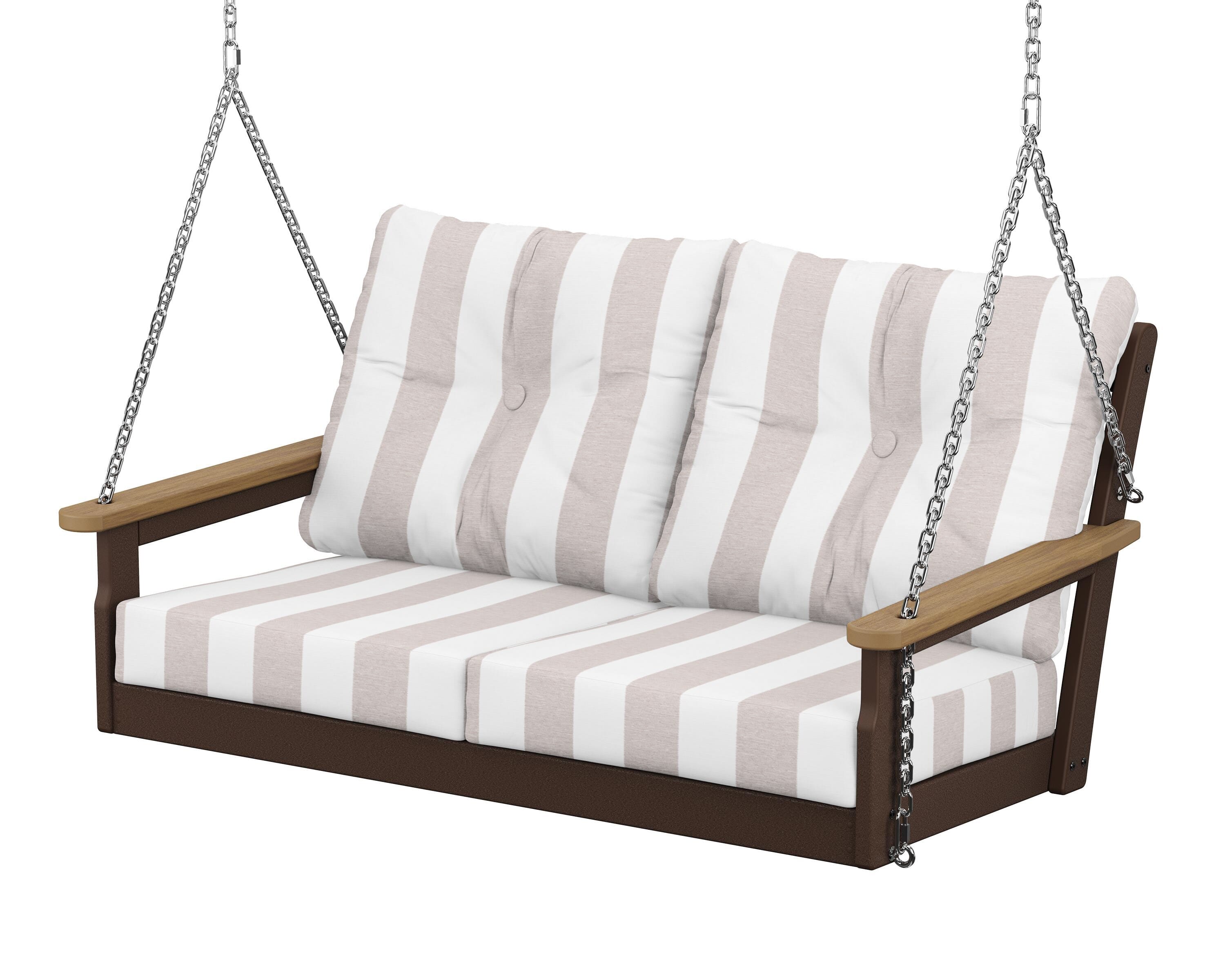POLYWOOD® Vineyard Deep Seating Swing in Mahogany / Natural / Cabana Stripe Dune Burlap