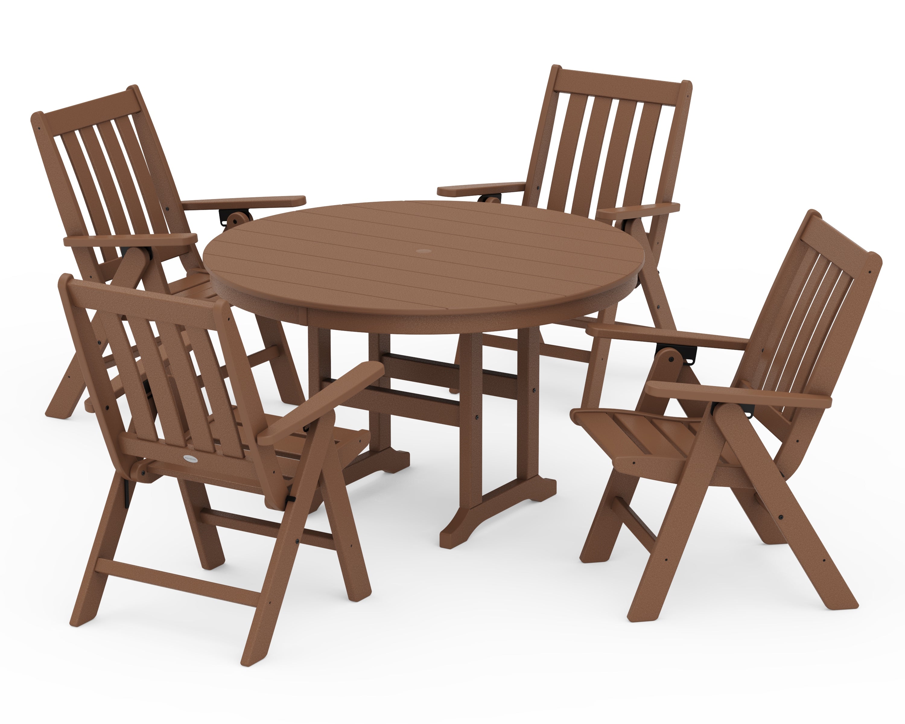 POLYWOOD® Vineyard Folding Chair 5-Piece Round Farmhouse Dining Set in Teak