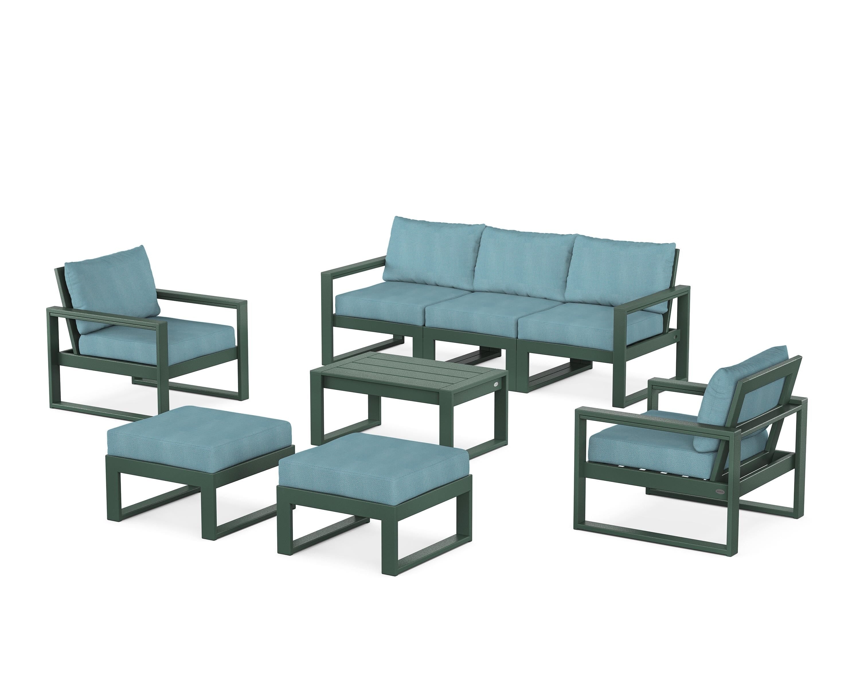 POLYWOOD® EDGE Sectional 8-Piece Lounge Sofa Set in Green / Lattice Sky Blue